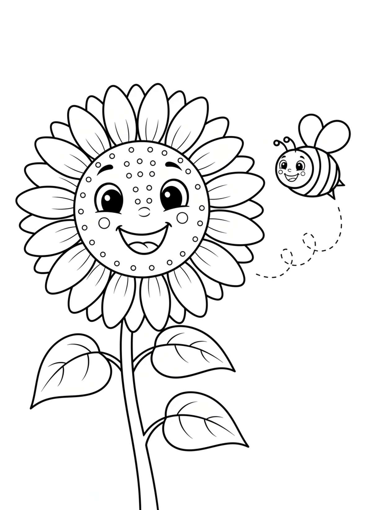 Cheerful Sunflower & Friendly Bee Coloring Page for Kids