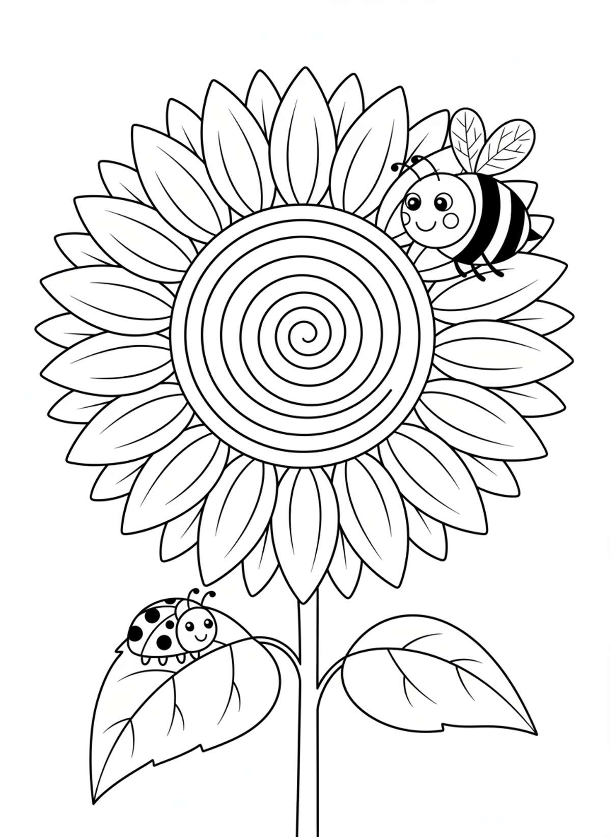 Cheerful Sunflower with Friendly Bee & Ladybug Coloring Page for Kids