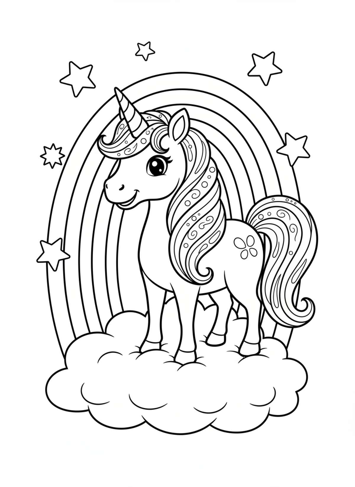 Cheerful Unicorn on a Cloud with Rainbow and Stars Coloring Page
