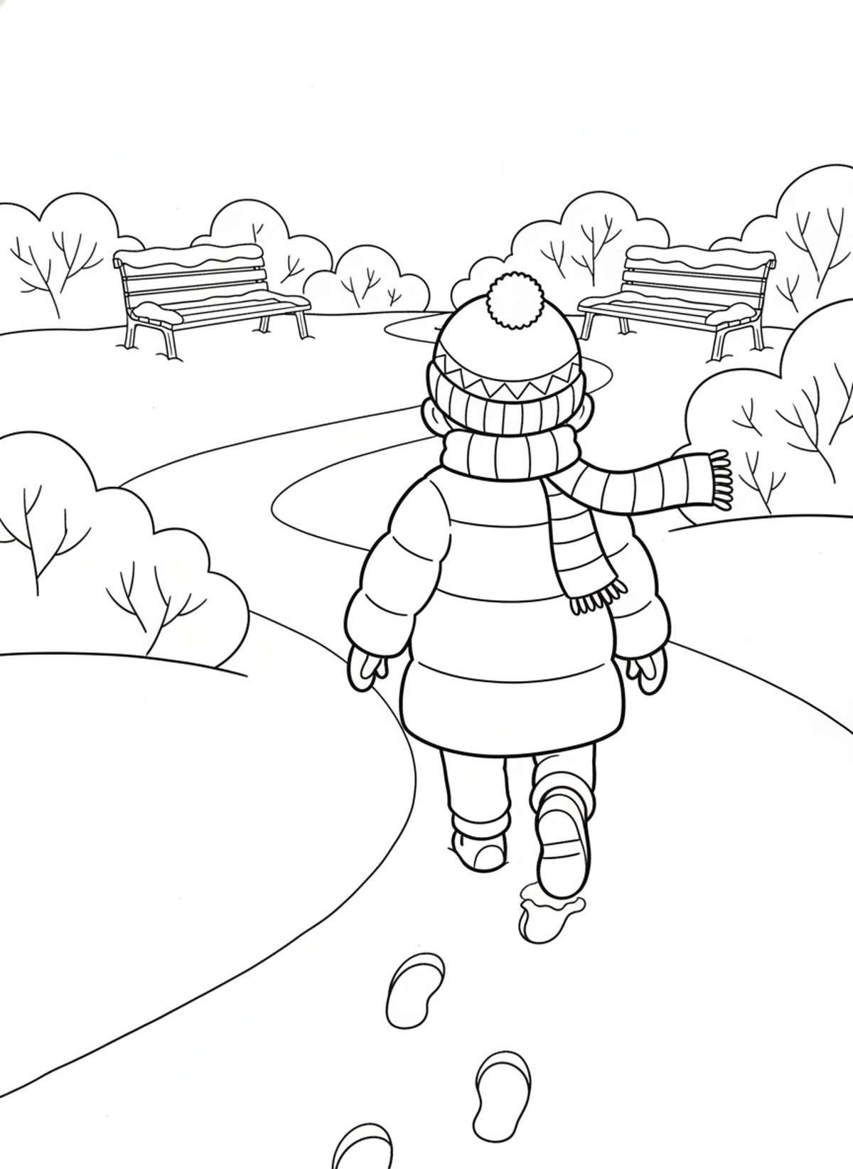 Child's Snowy Winter Walk Coloring Page