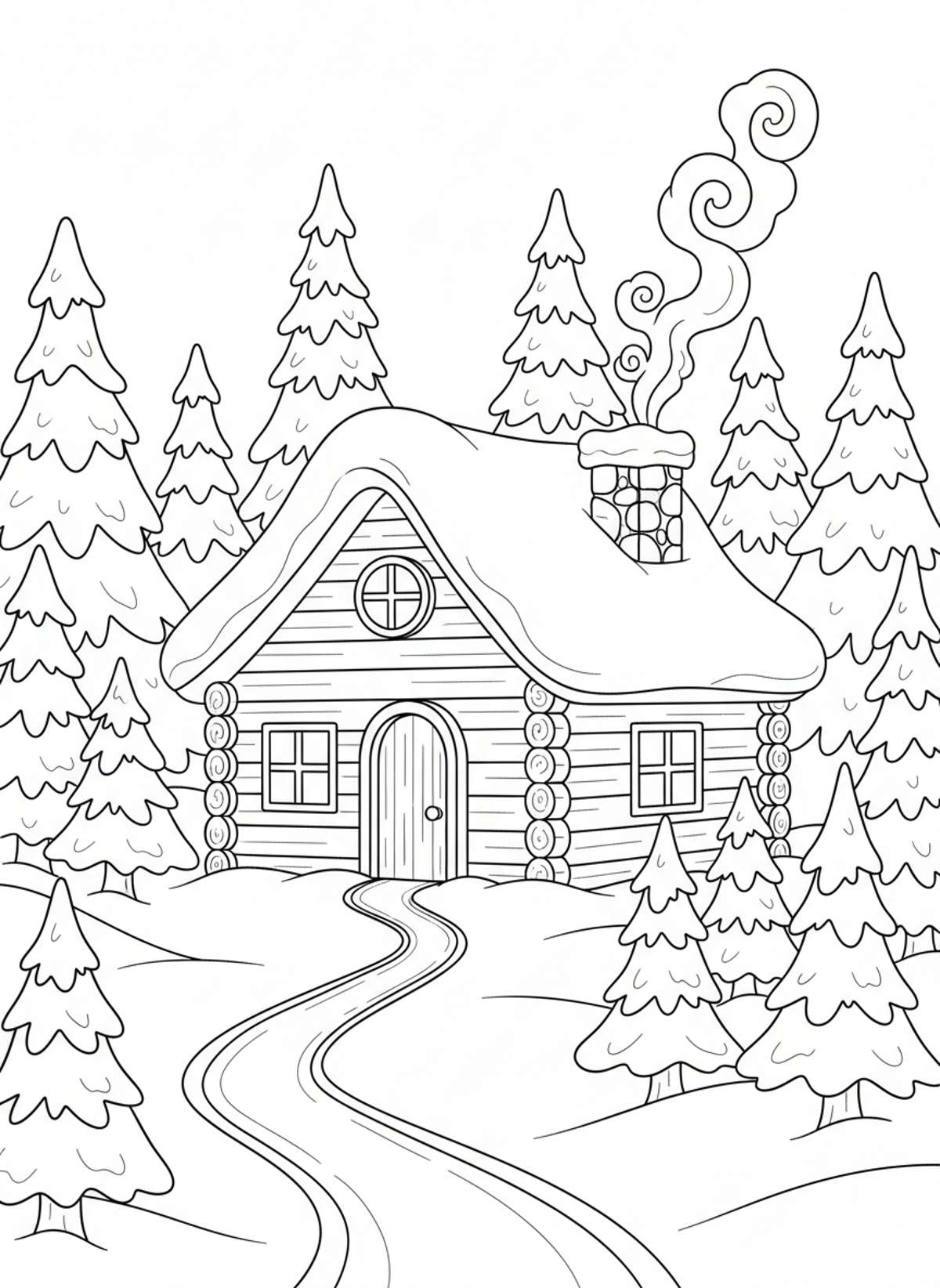 Cozy Cabin Snowy Evening Coloring Page