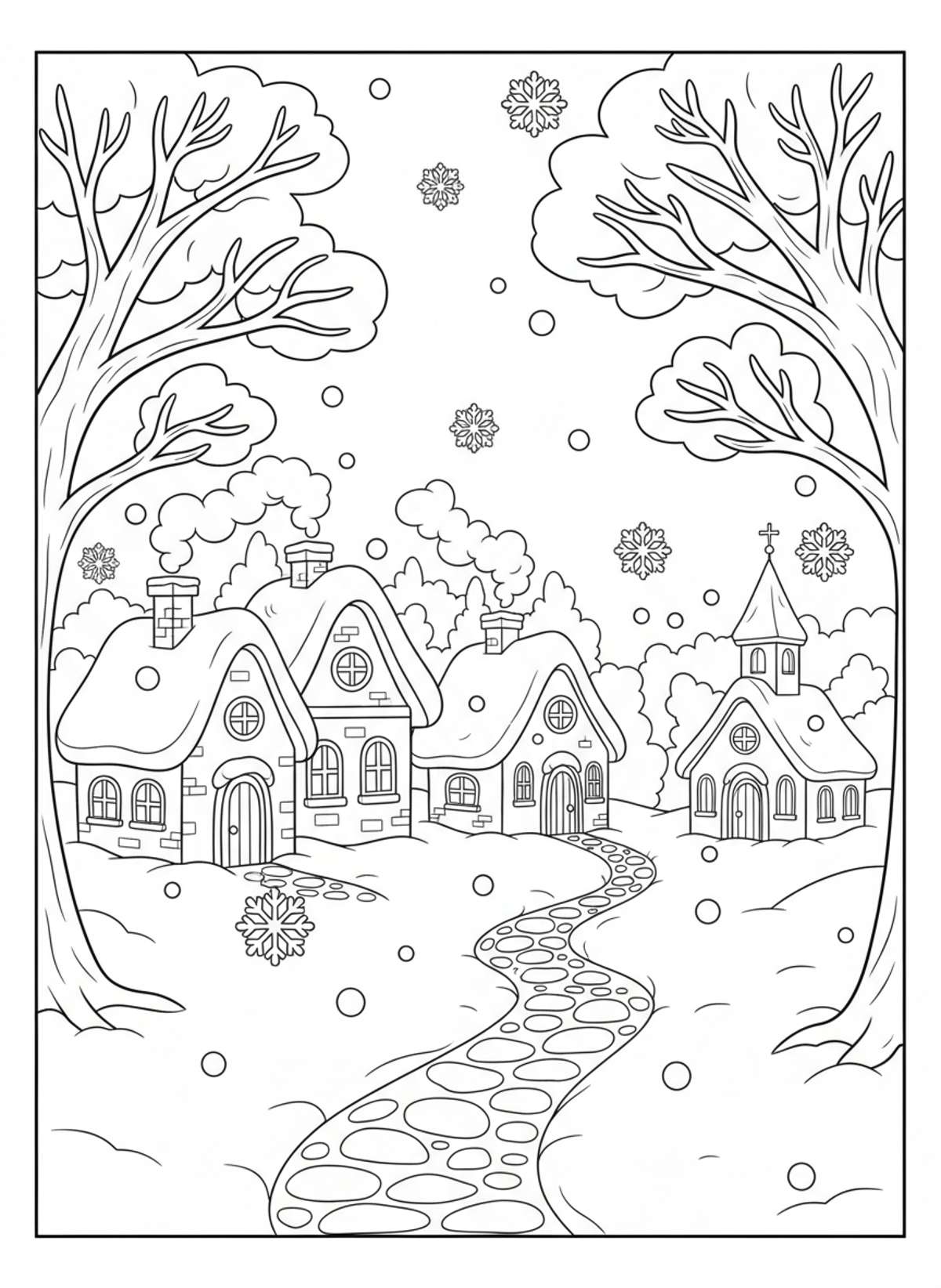 Cozy Snowy Village Scene Coloring Page - Winter Coloring Page