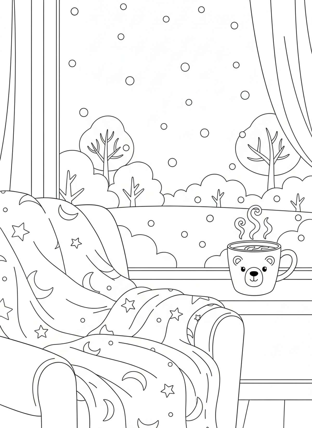 Cozy Window Snow View Coloring Page - Winter Coloring Page