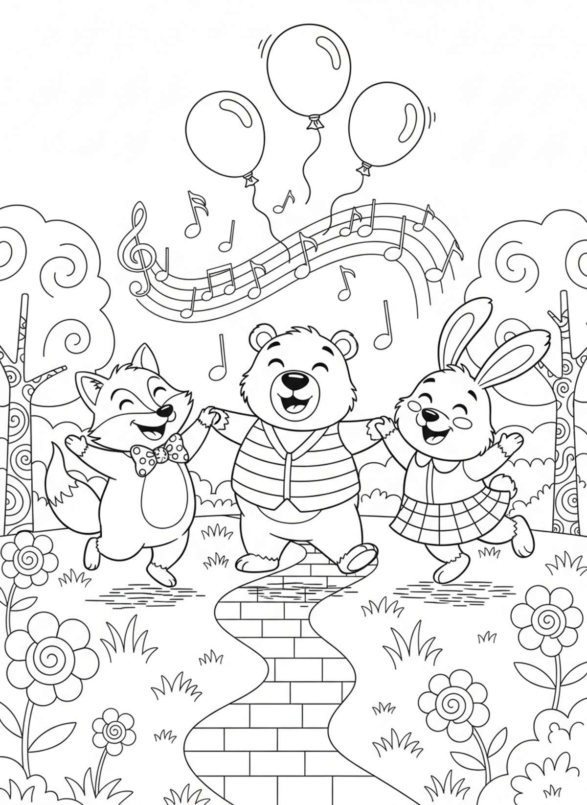 Cute Animal Friends Dancing Coloring Page for Kids (Ages 5-8) - Friends Coloring Page