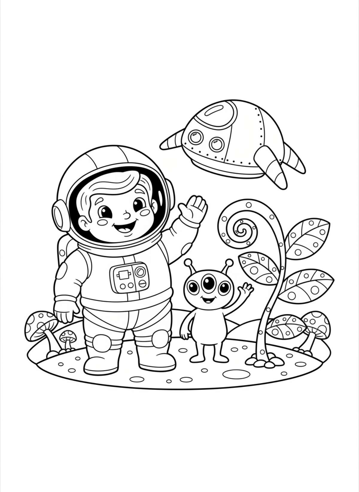 Cute Astronaut & Alien on Whimsical Planet Coloring Page for Kids