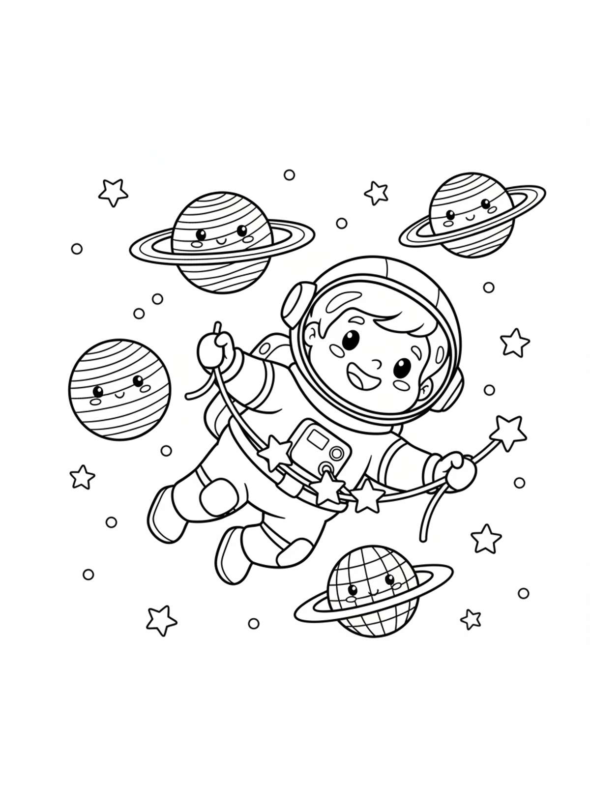 Cute Astronaut & Smiling Planets Space Adventure Coloring Page