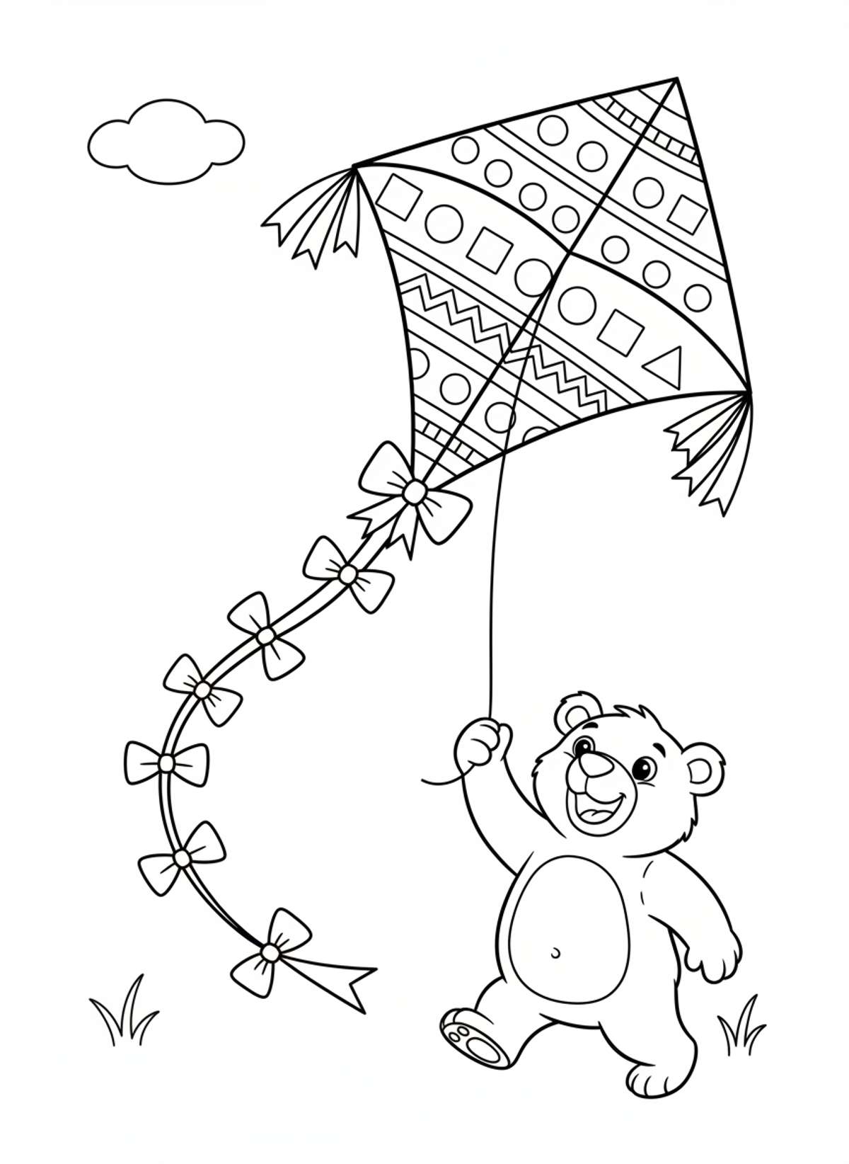 Cute Bear & Kite Adventure Coloring Page