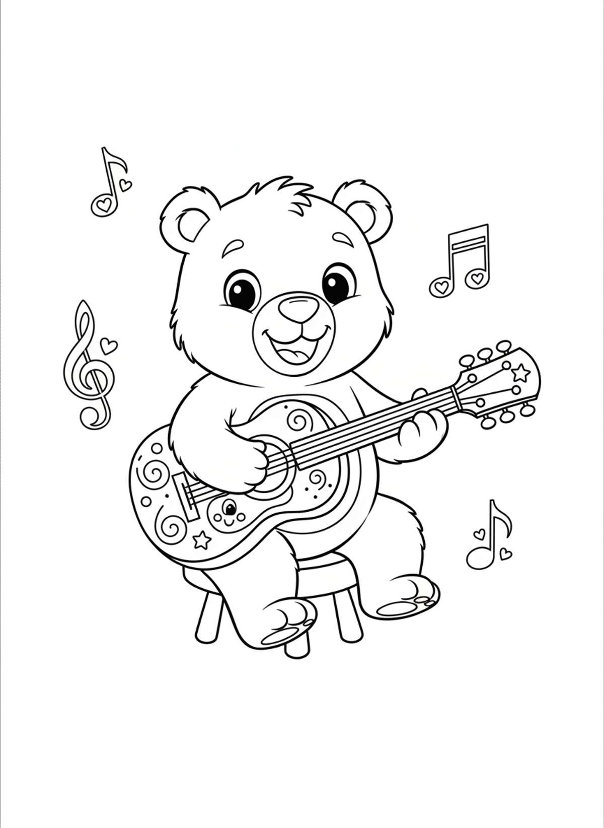 Cute Bear Playing Toy Guitar Coloring Page for Kids - Bear Coloring Page