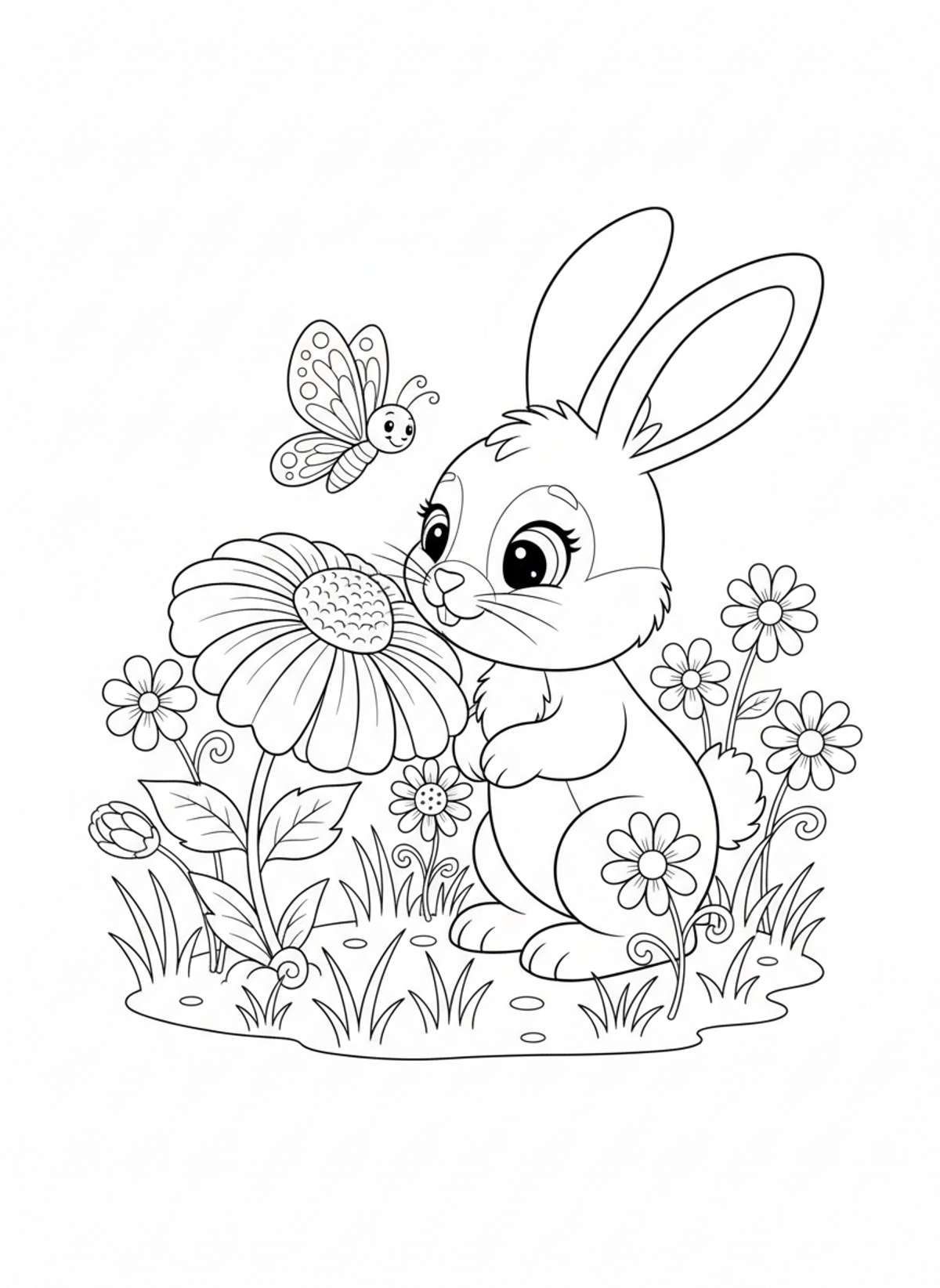 Cute Bunny & Butterfly in Spring Garden Coloring Page for Kids
