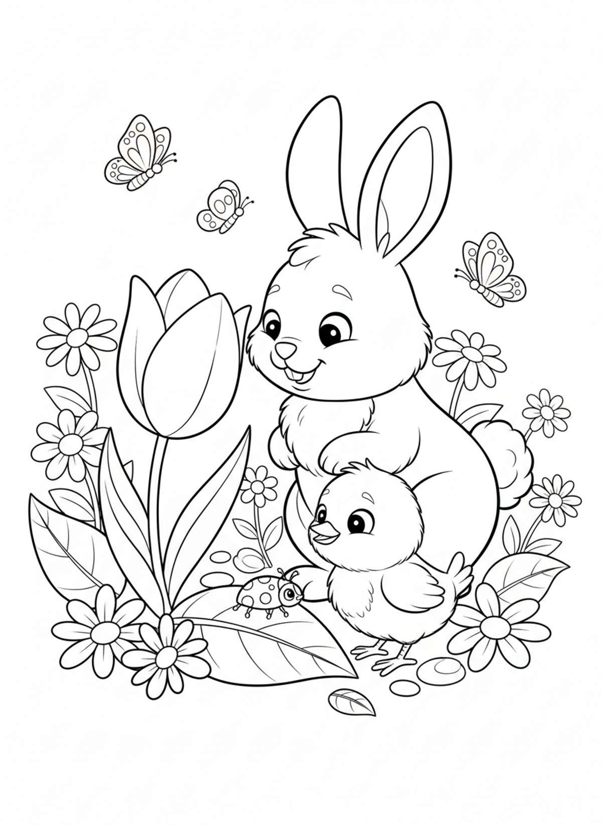 Cute Bunny & Chick Spring Garden Coloring Page for Kids
