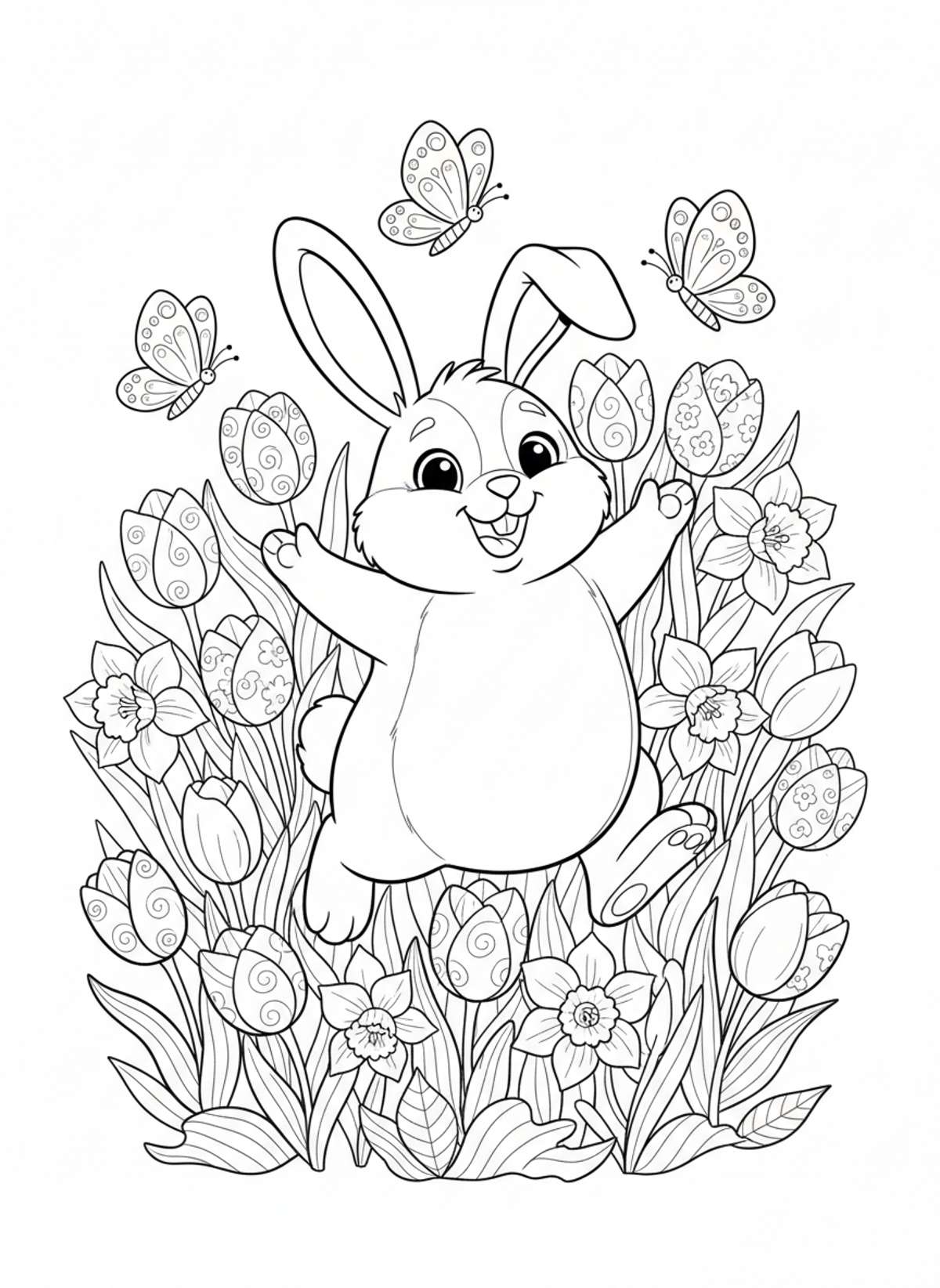 Cute Bunny in Spring Garden Coloring Page for Kids