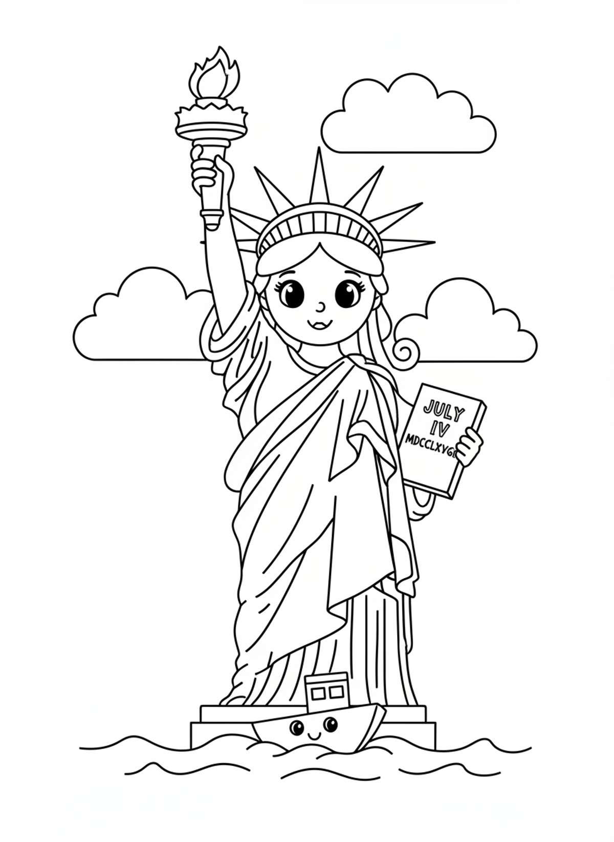Cute Cartoon Statue of Liberty Kids Coloring Page - National Symbol Coloring Page