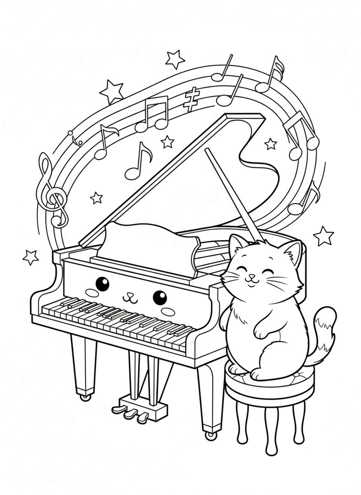 Cute Cat Playing Piano: Easy Coloring Page for Kids 5-8 - Cat Coloring Page
