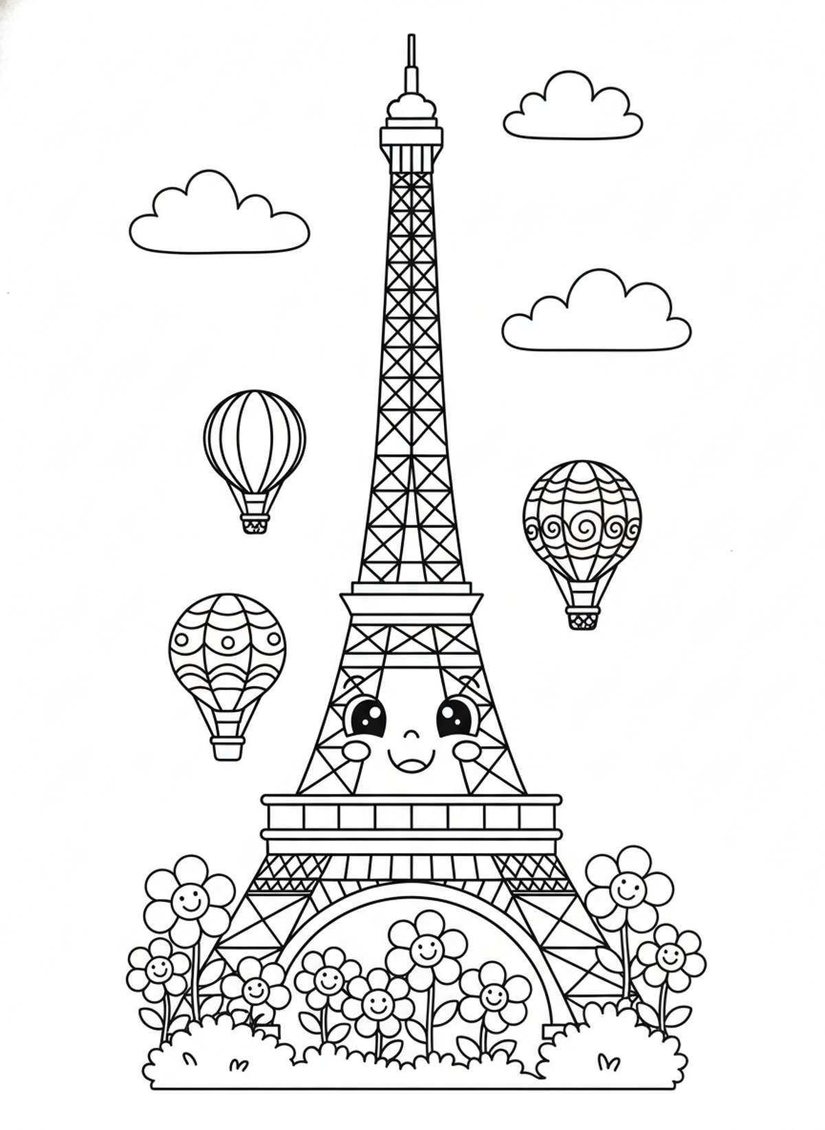 Cute Eiffel Tower Coloring Page for Kids: Whimsical Balloons & Flowers - National Symbol Coloring Page