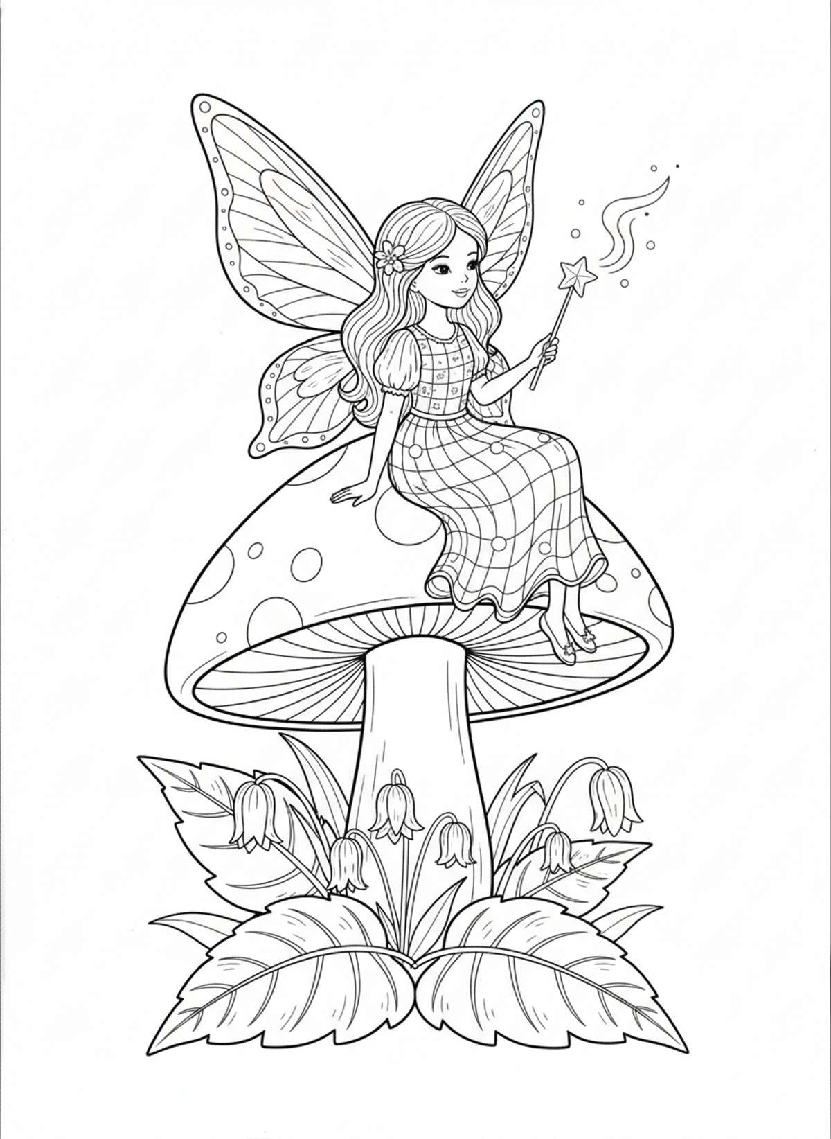 Cute Fairy on a Mushroom Coloring Page for Kids