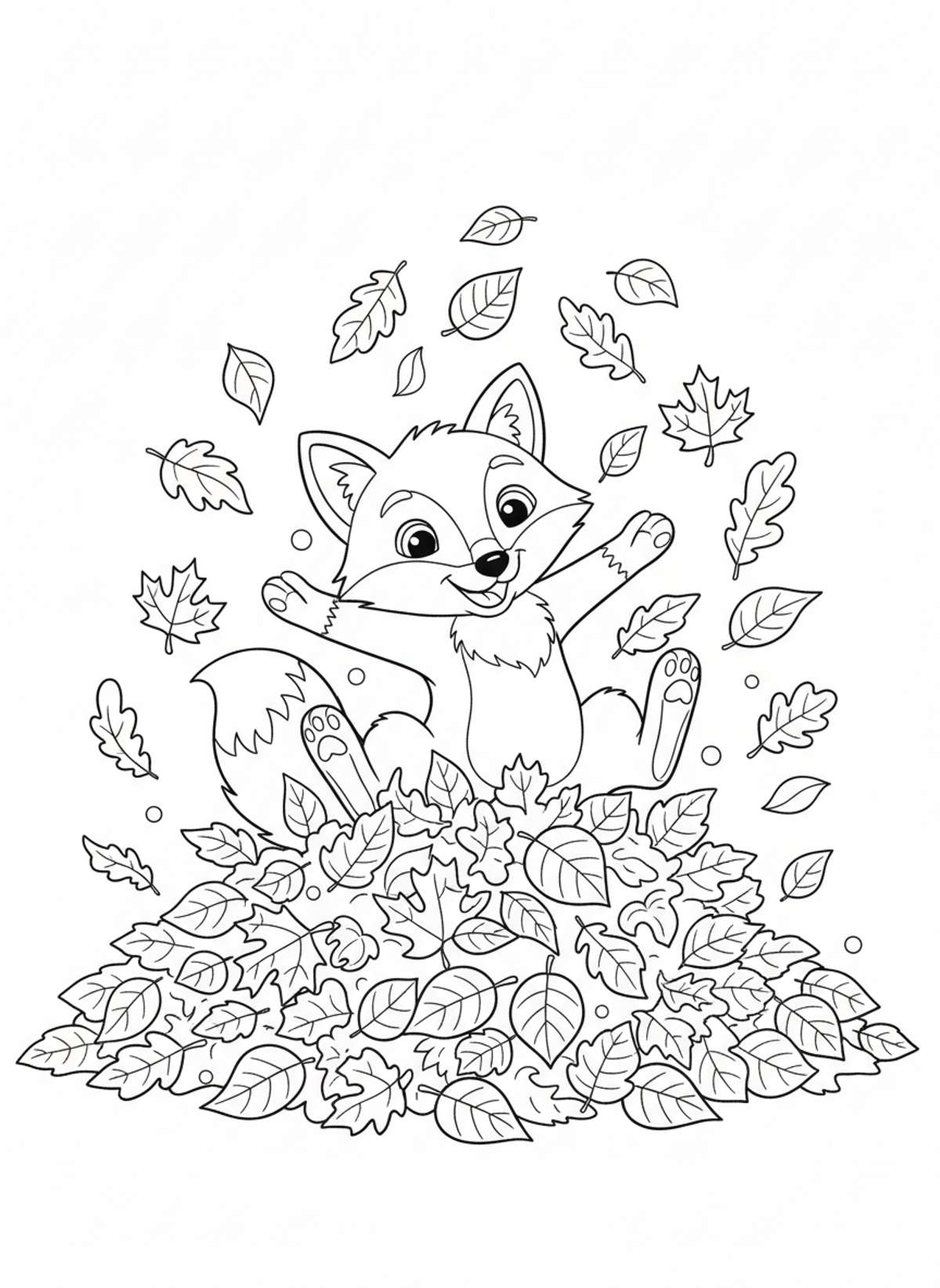 Cute Fox Playing in Autumn Leaves Coloring Page for Kids - Fox Coloring Page