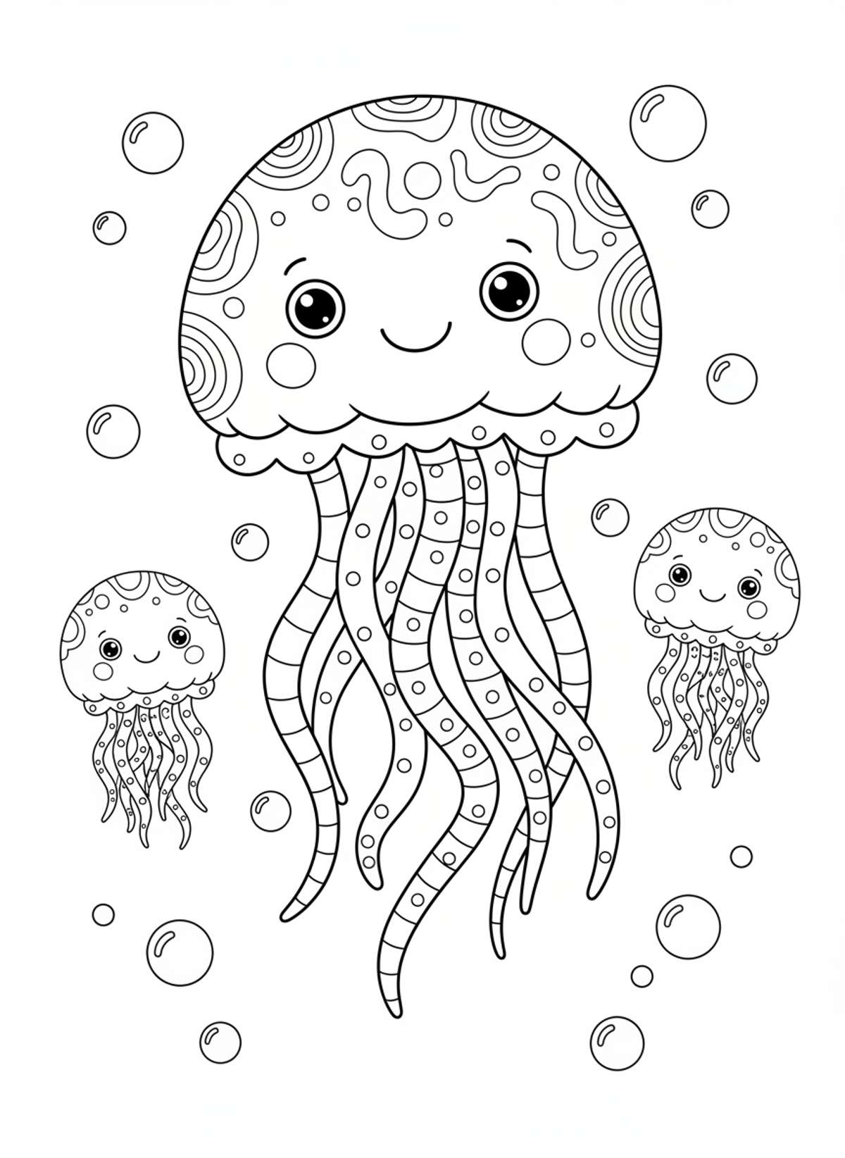 Cute Jellyfish Family Underwater Adventure Coloring Page for Kids