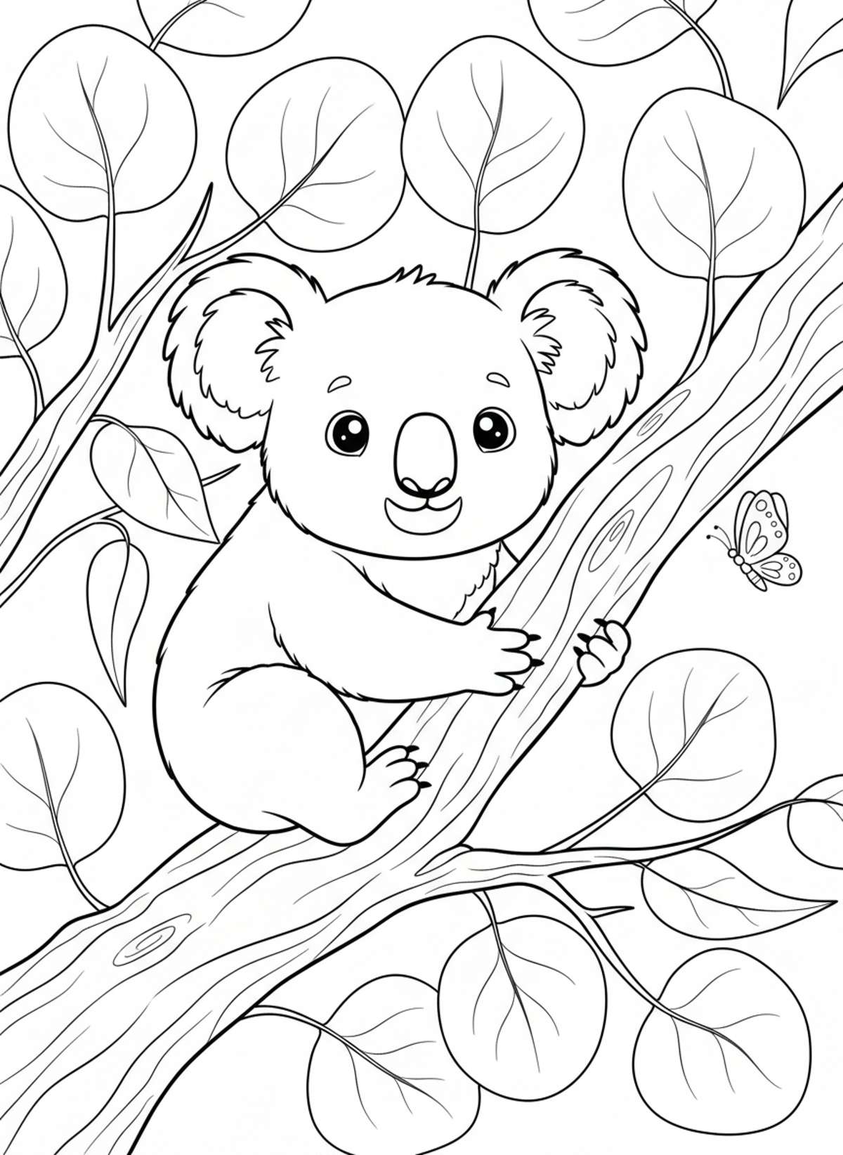 Cute Koala on Eucalyptus Branch Kids Coloring Page