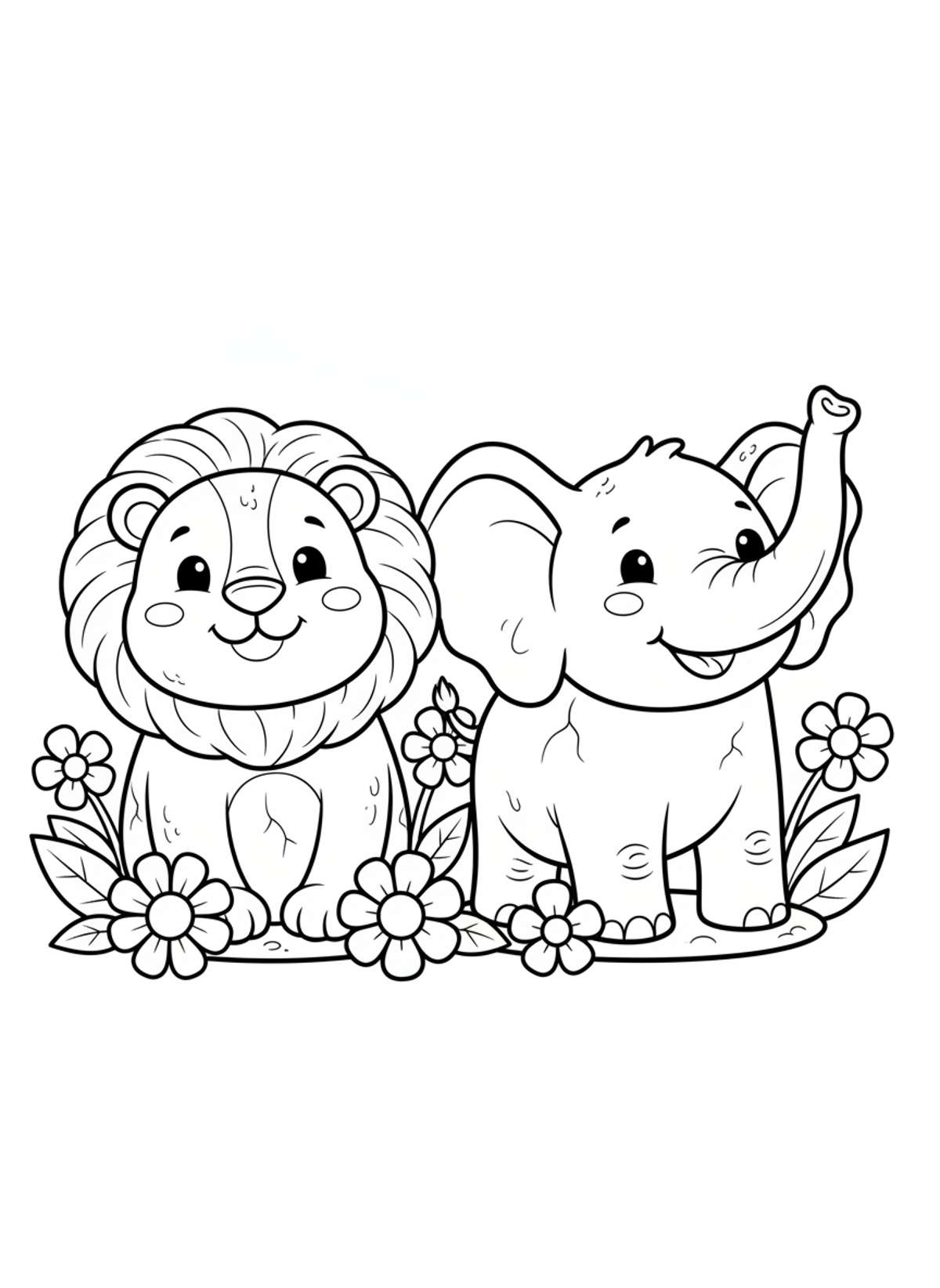 Cute Lion & Elephant Sculpture Coloring Page - Friends Coloring Page
