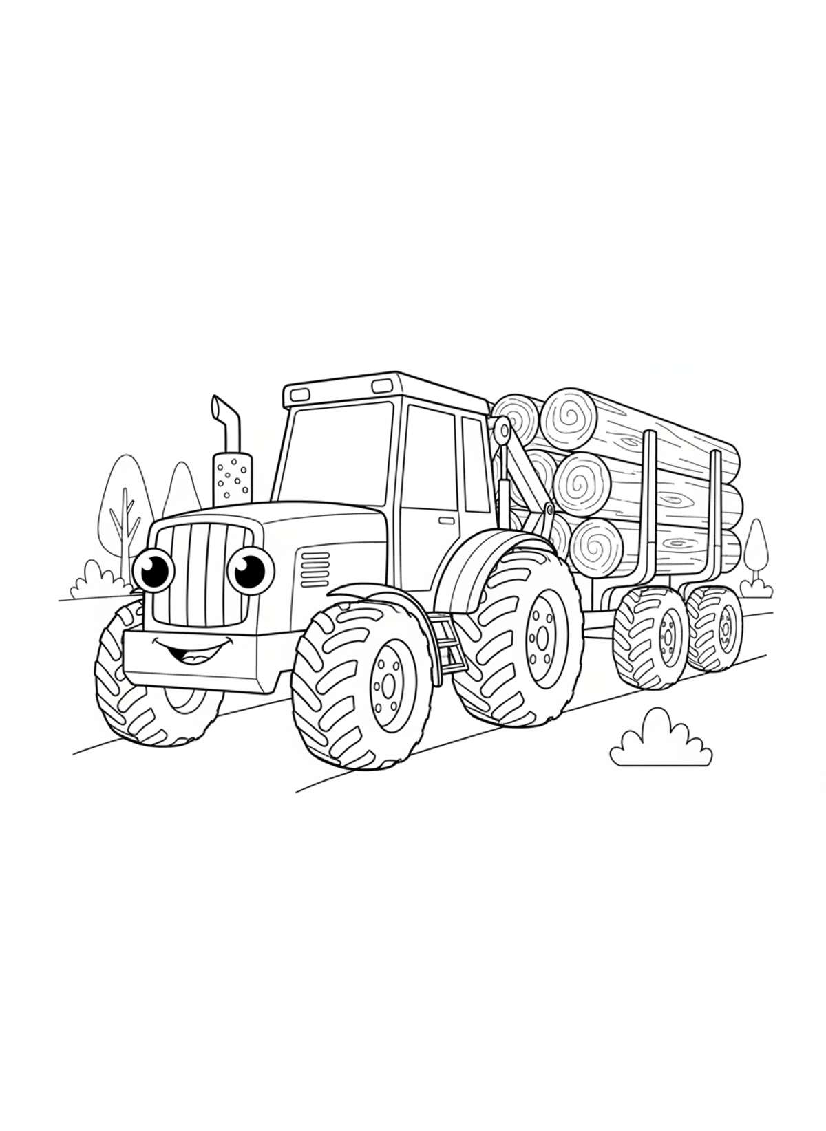 Cute Logging Tractor Fun Coloring Page for Kids