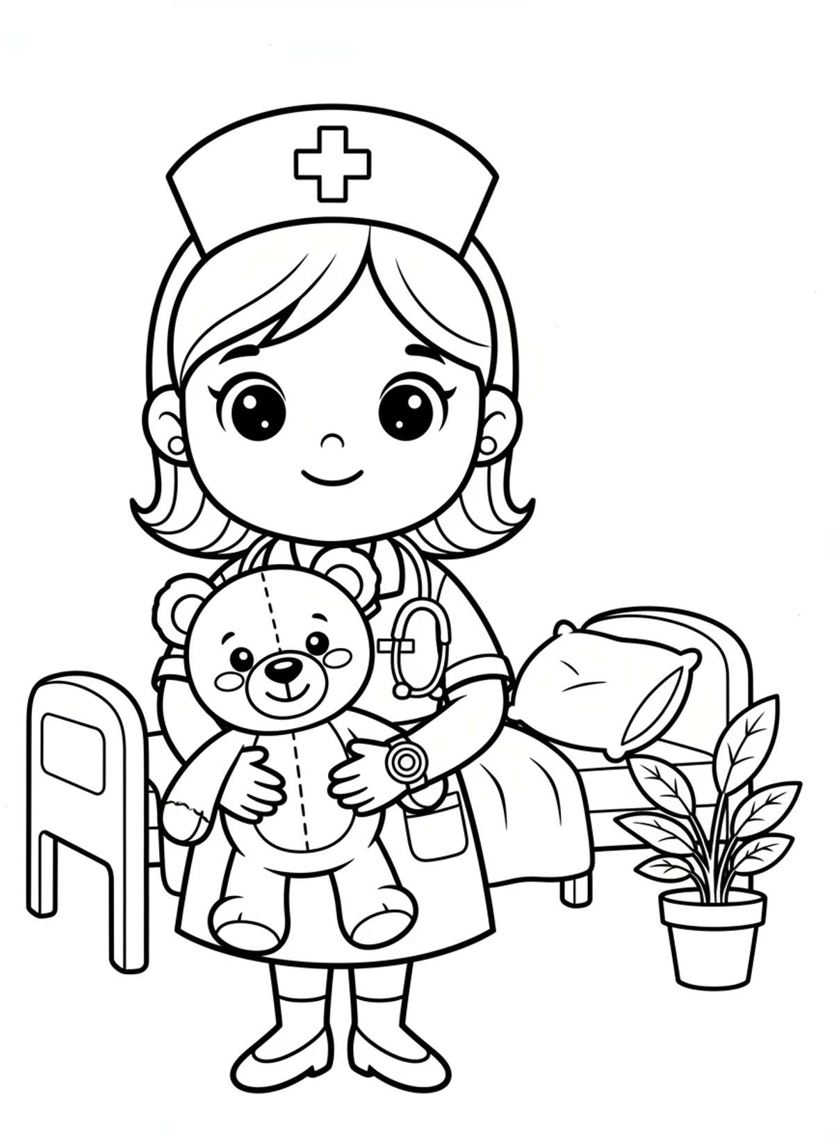 Cute Nurse with Teddy Bear Coloring Page for Kids