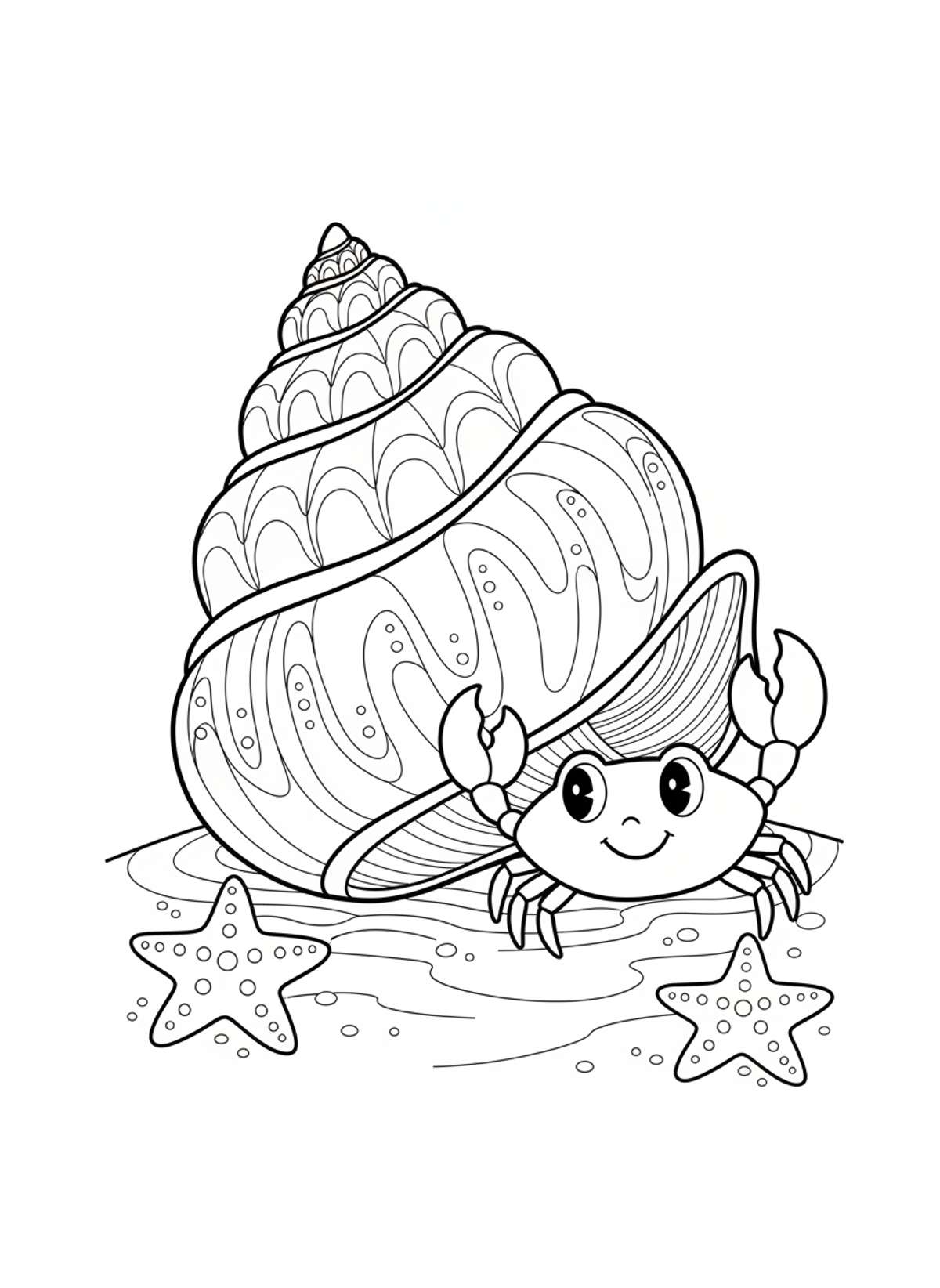 Cute Ocean Friends: Conch Shell, Smiling Crab & Starfish Coloring Page