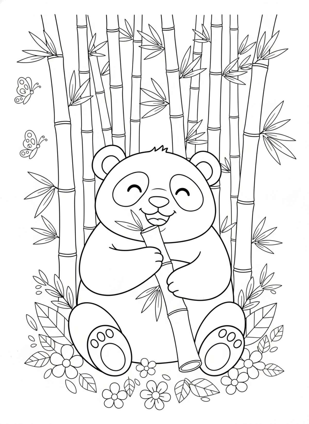 Cute Panda in Bamboo Forest Coloring Page for Kids - Bear Coloring Page