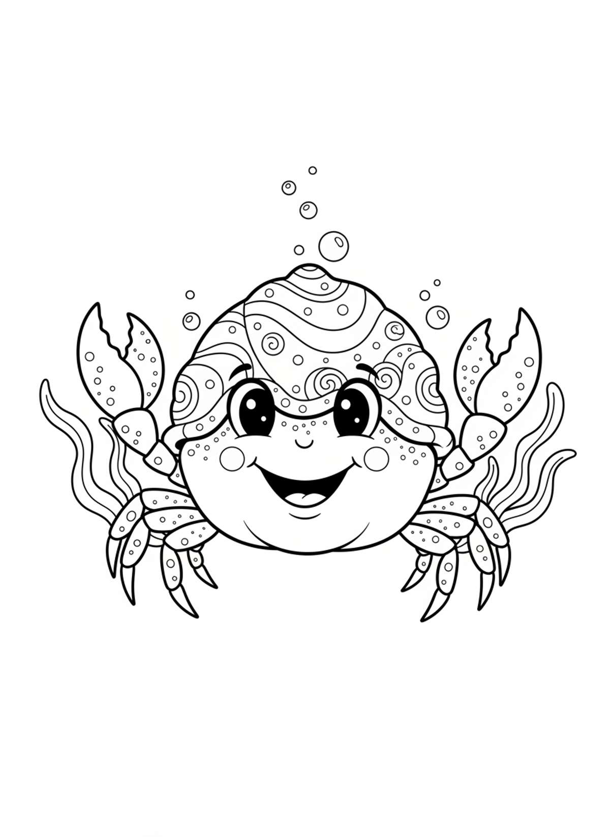 Cute Playful Crab in a Whimsical Shell Coloring Page for Kids - Crab Coloring Page