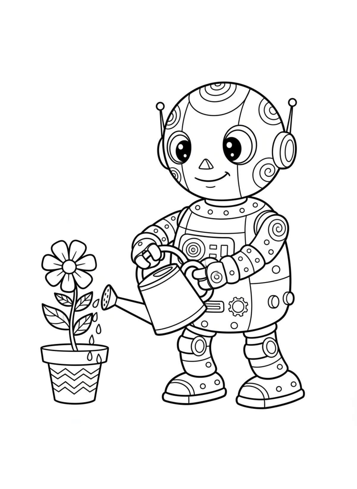 Cute Robot Gardener with Potted Plant Coloring Page - Robot Coloring Page