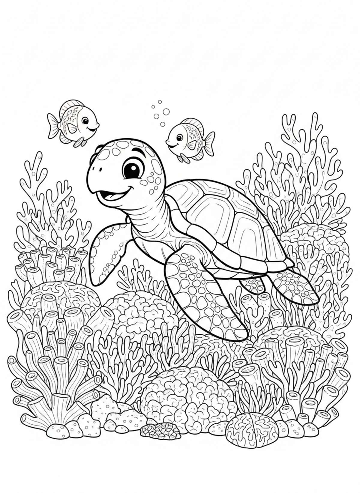 Cute Sea Turtle & Fish in Coral Reef Coloring Page for Kids - Ocean Animal Coloring Page