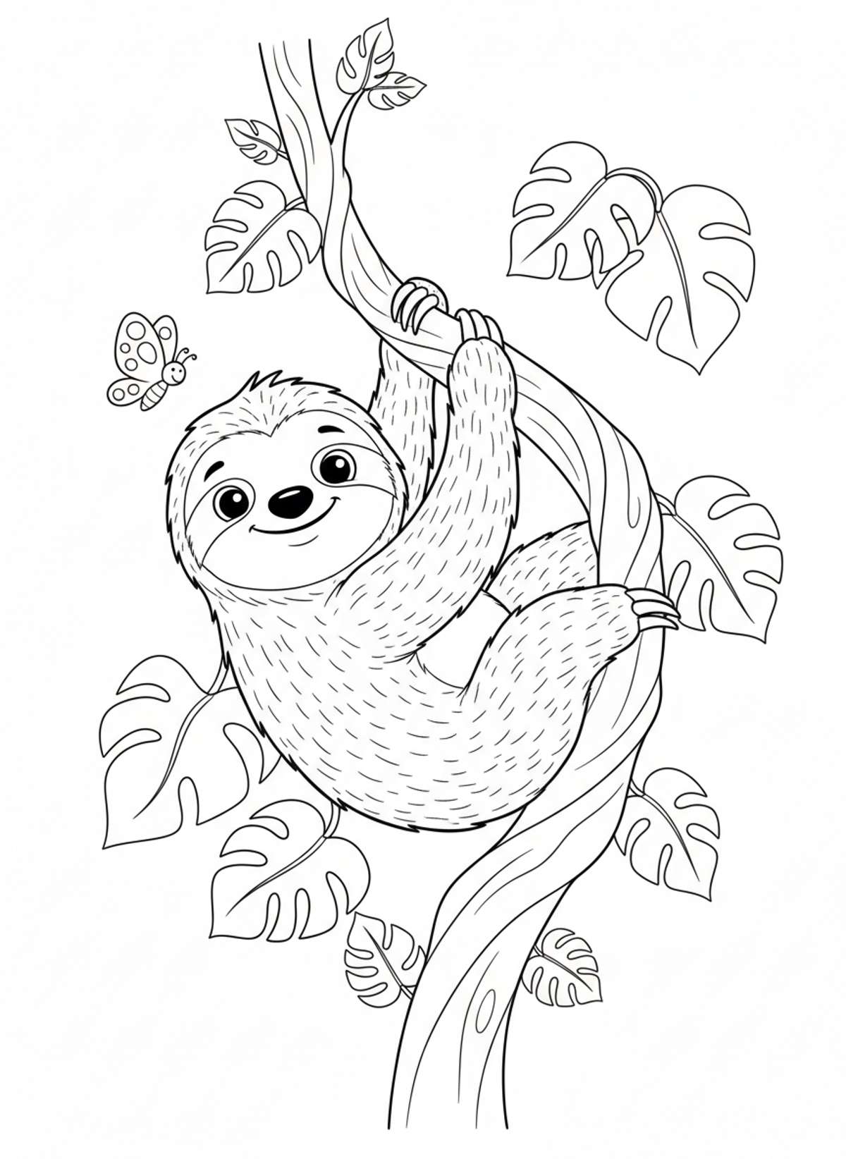 Cute Sloth Hanging from Vine Coloring Page for Kids