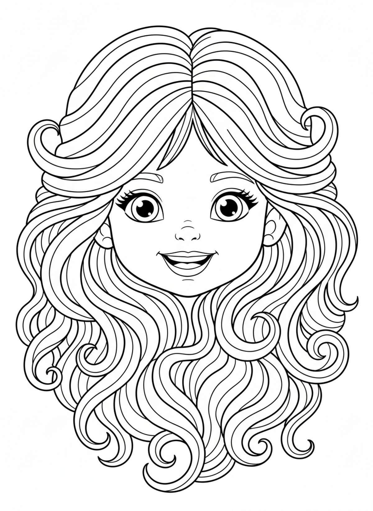 Cute Smiling Girl's Face Coloring Page for Kids - Child Coloring Page
