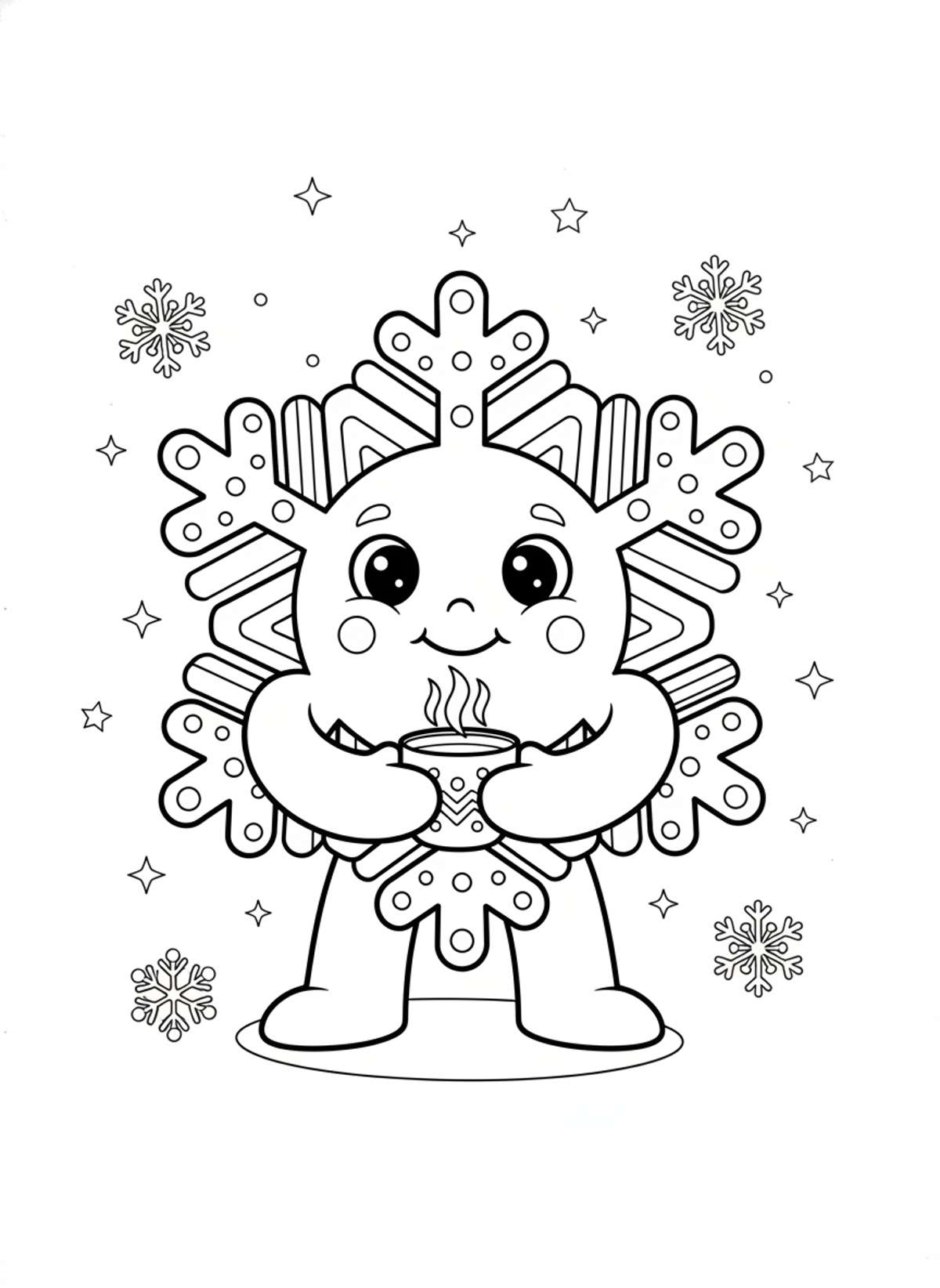 Cute Snowflake with Cozy Mug Winter Coloring Page