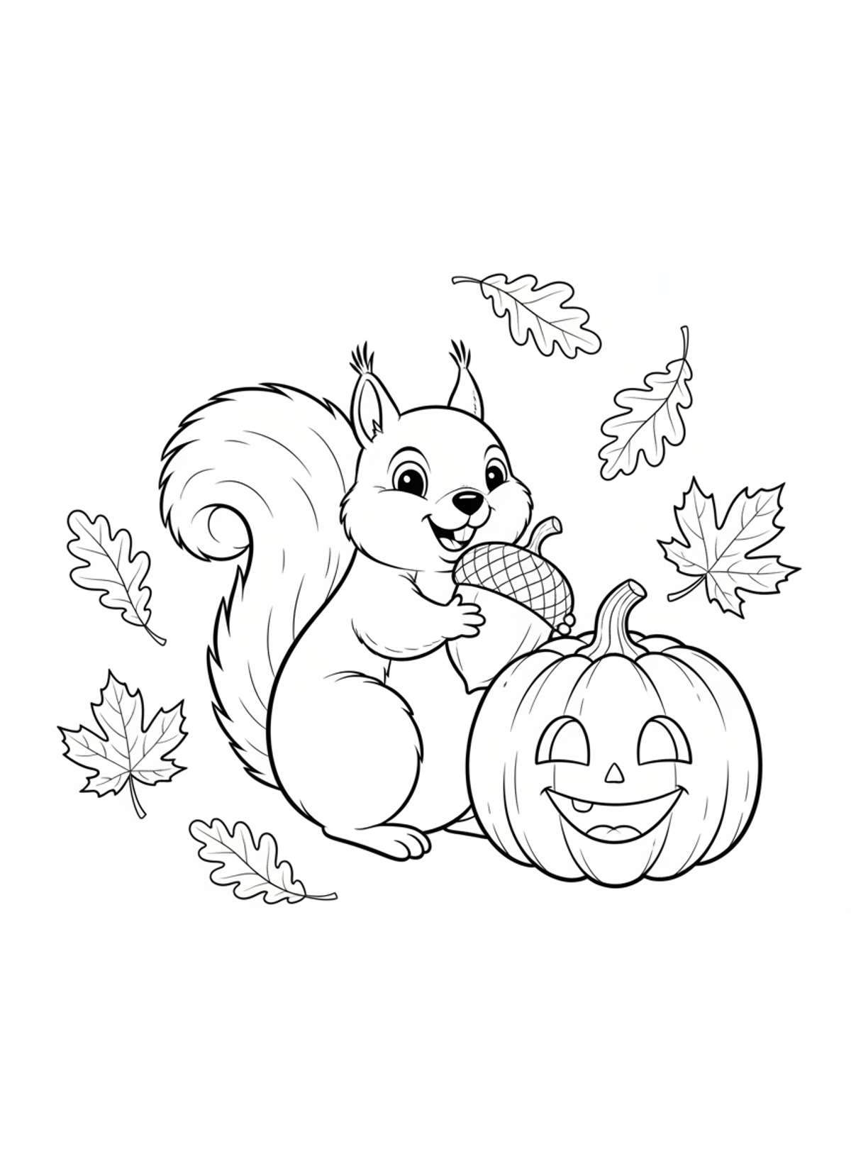 Cute Squirrel & Smiling Pumpkin Autumn Coloring Page