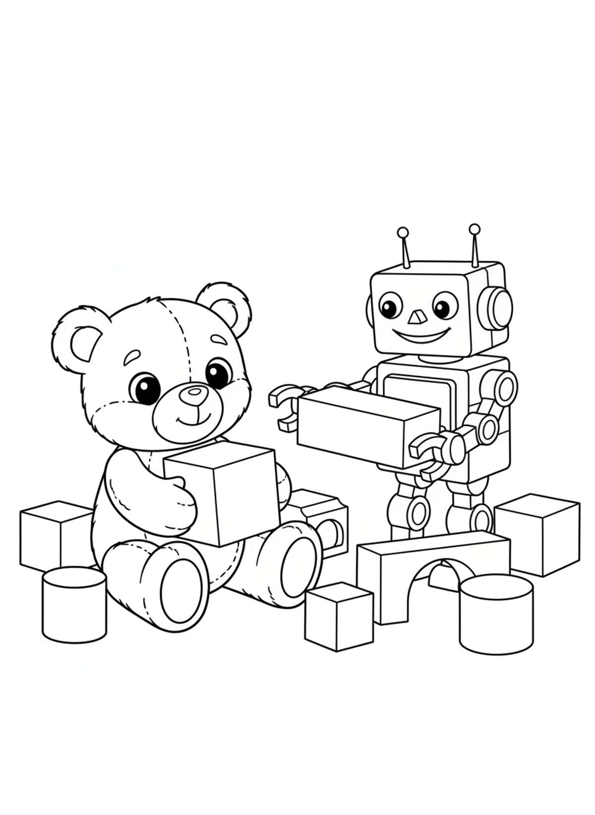 Cute Teddy Bear & Robot Building Blocks Fun - Toy Coloring Page