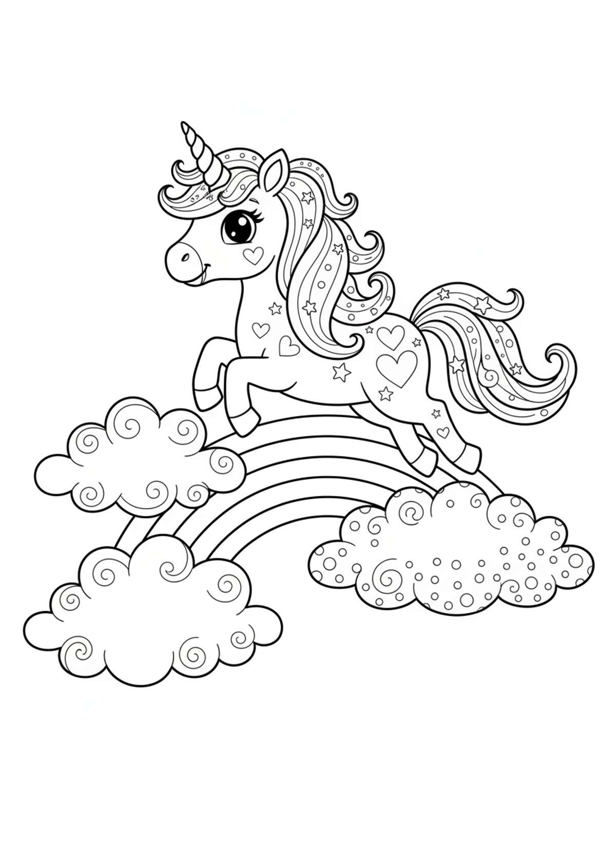 Cute Unicorn Flying Over Rainbow Coloring Page for Kids