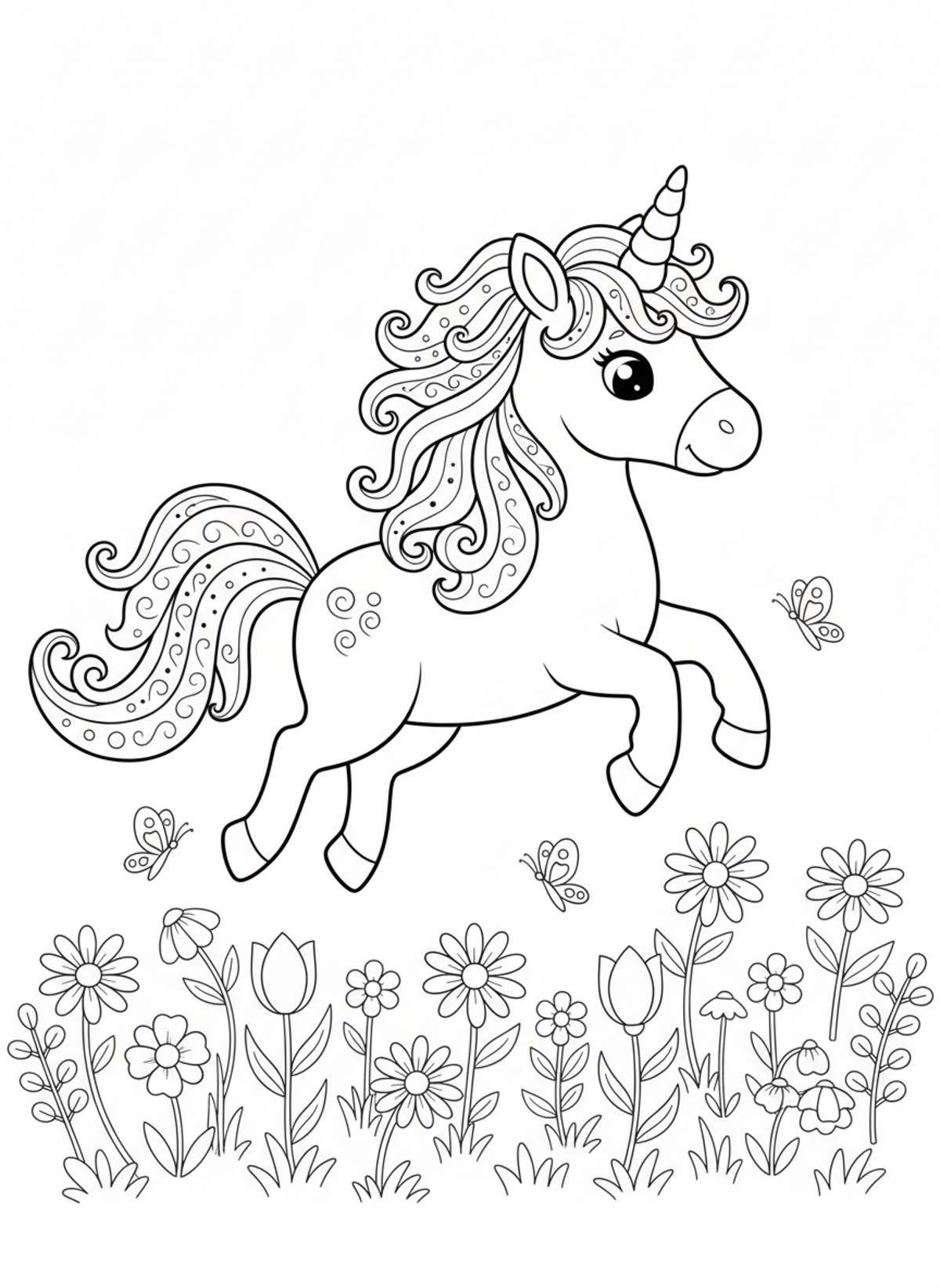 Cute Unicorn in Flowery Meadow Coloring Page for Kids