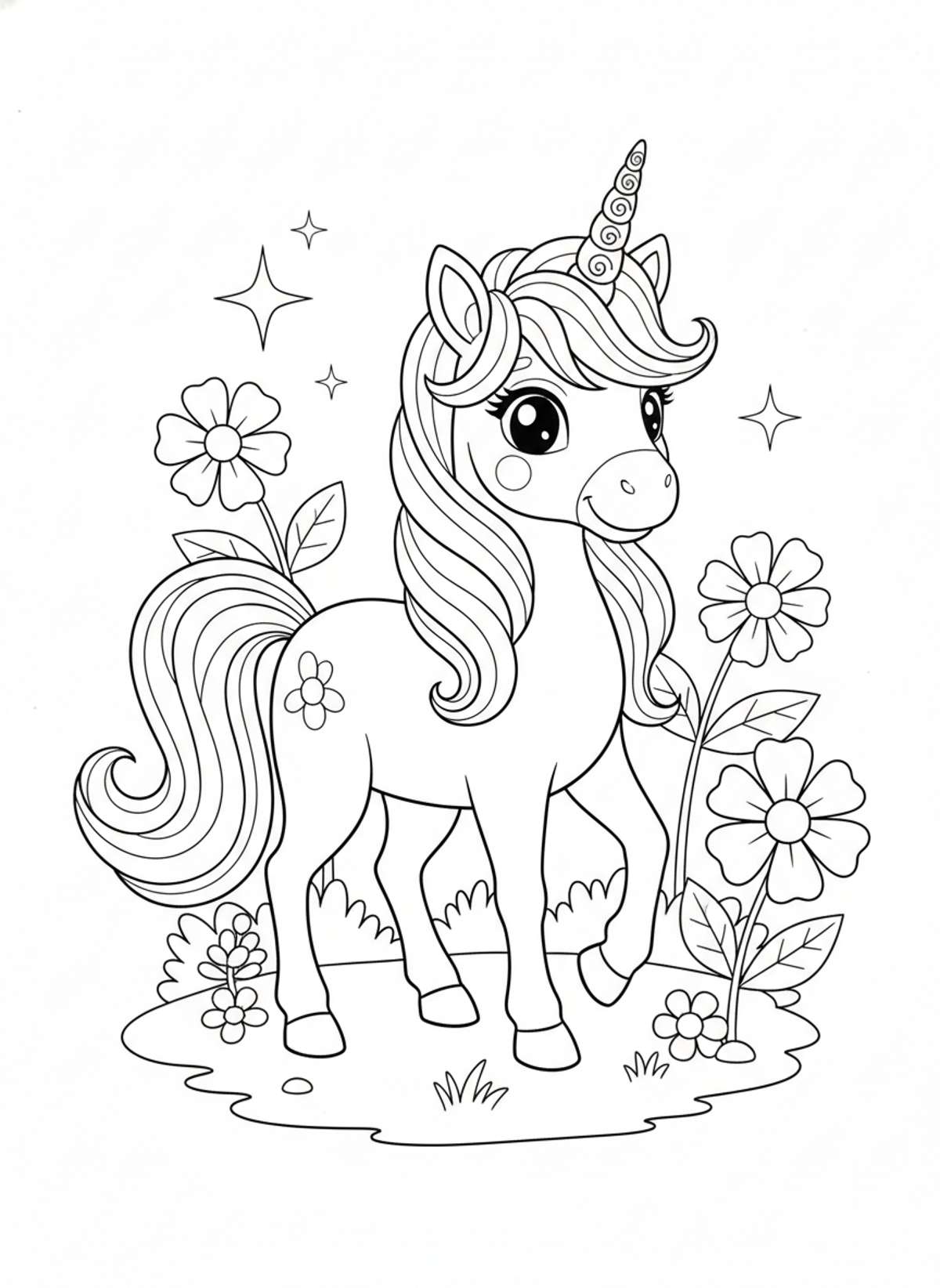 Cute Unicorn in Whimsical Forest Coloring Page