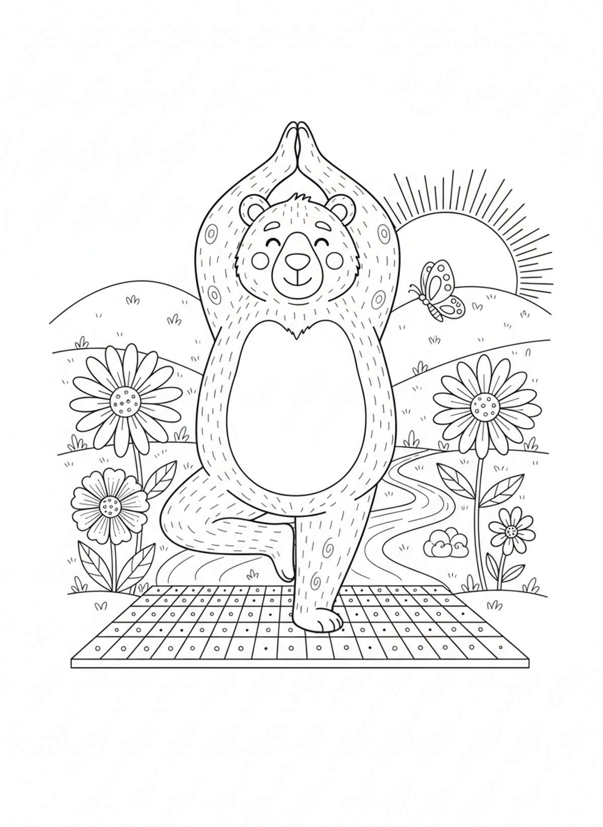 Cute Yoga Bear Coloring Page: Peaceful Meadow Zen - Bear Coloring Page