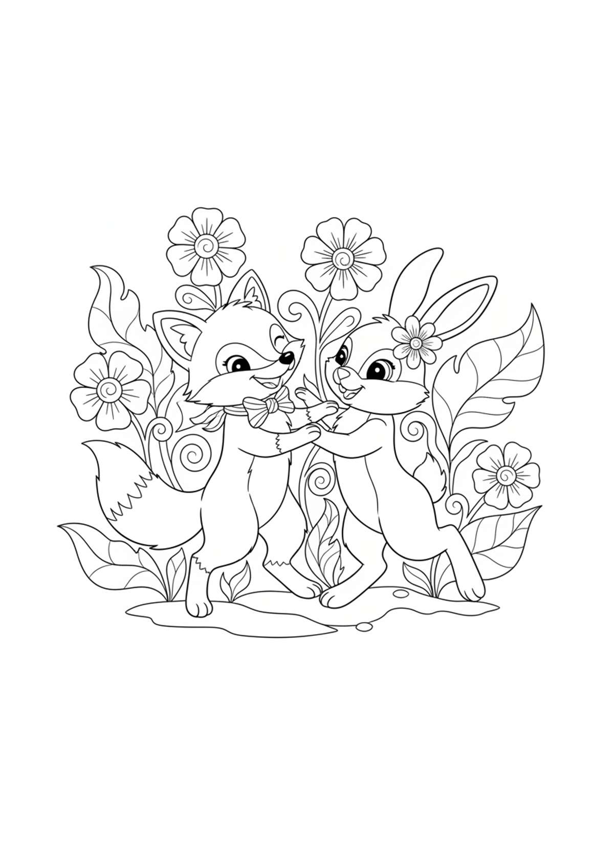 Dancing Fox and Rabbit: A Cute Garden Adventure Coloring Page for Kids - Friends Coloring Page
