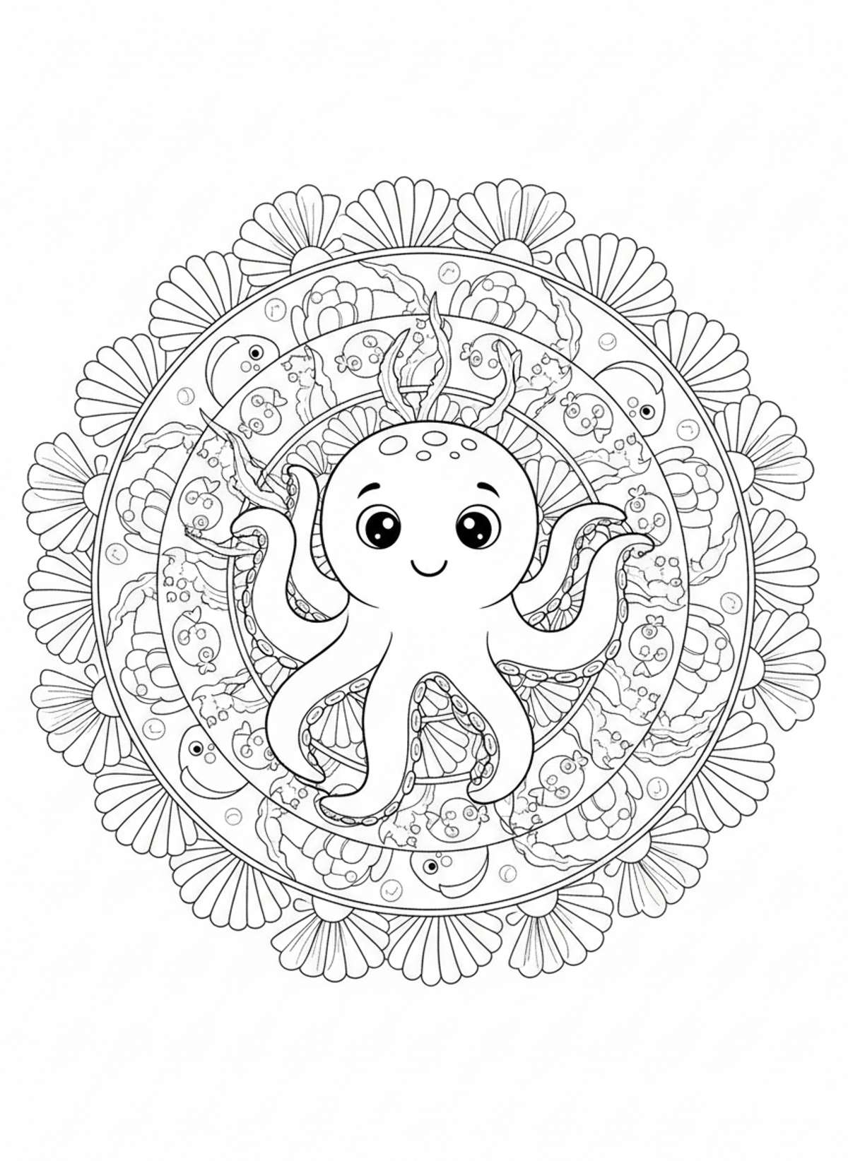 Delightful Marine Life Mandala Coloring Page for Kids - Mandala Coloring Page