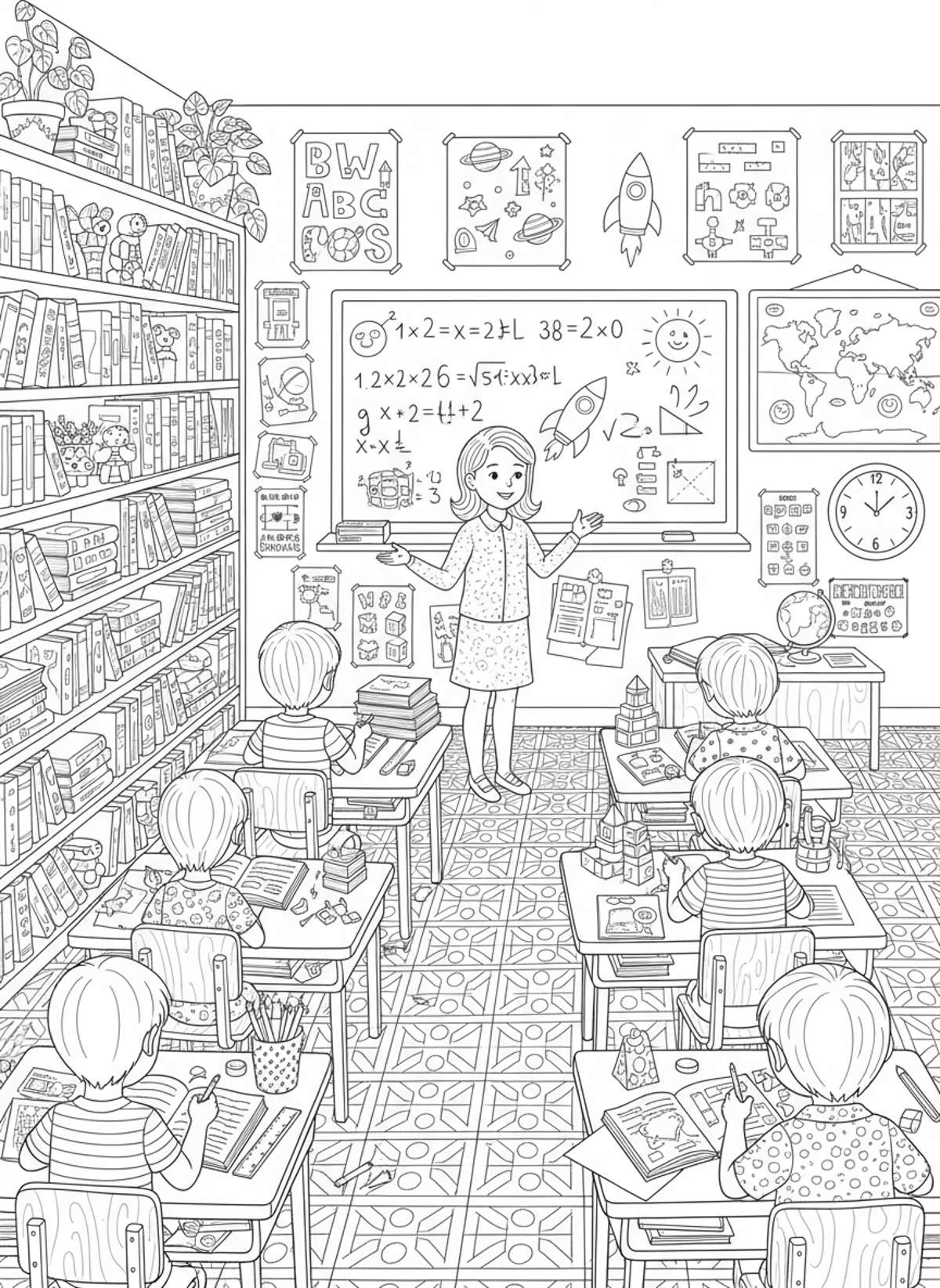 Detailed Classroom Scene: An Intricate Coloring Page for Older Kids