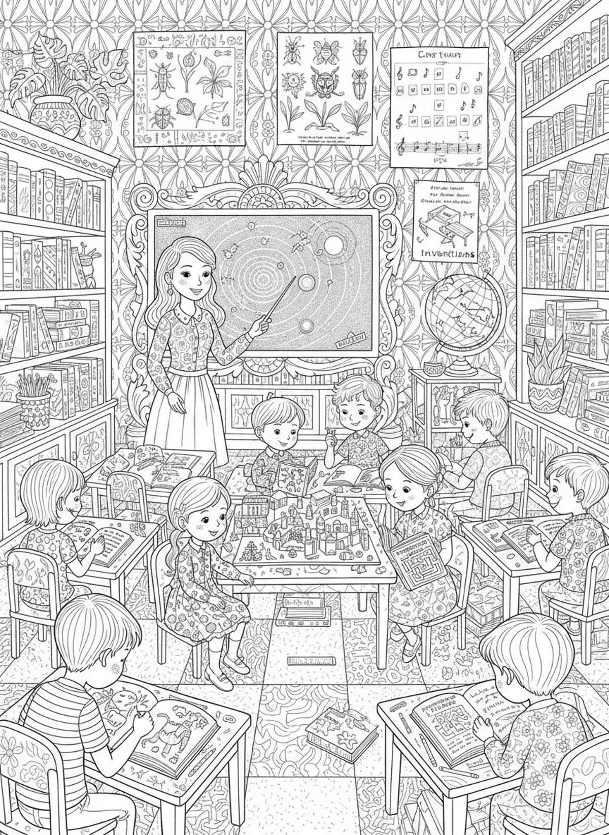 Detailed Classroom Scene Coloring Page: Learn and Discover
