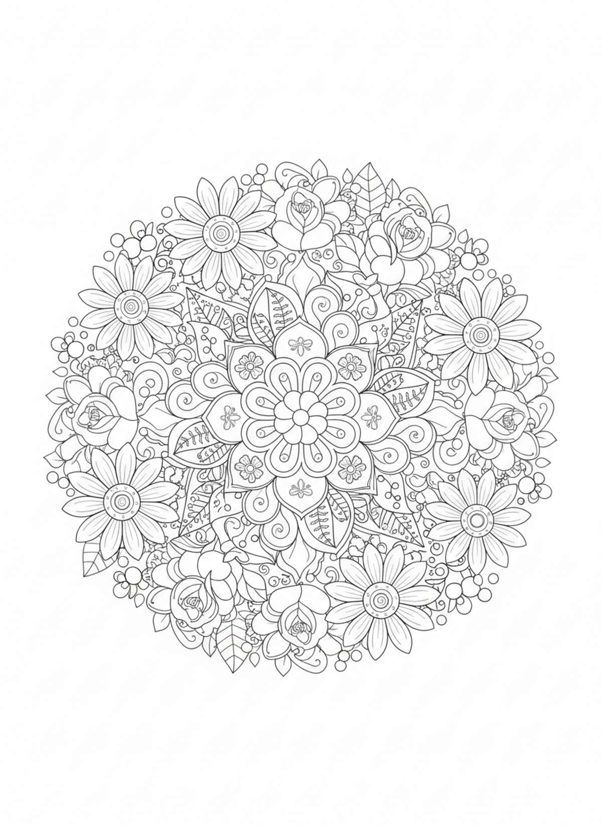 Easy Floral Mandala Coloring Page for Kids - Whimsical Nature Design - Mandala Coloring Page