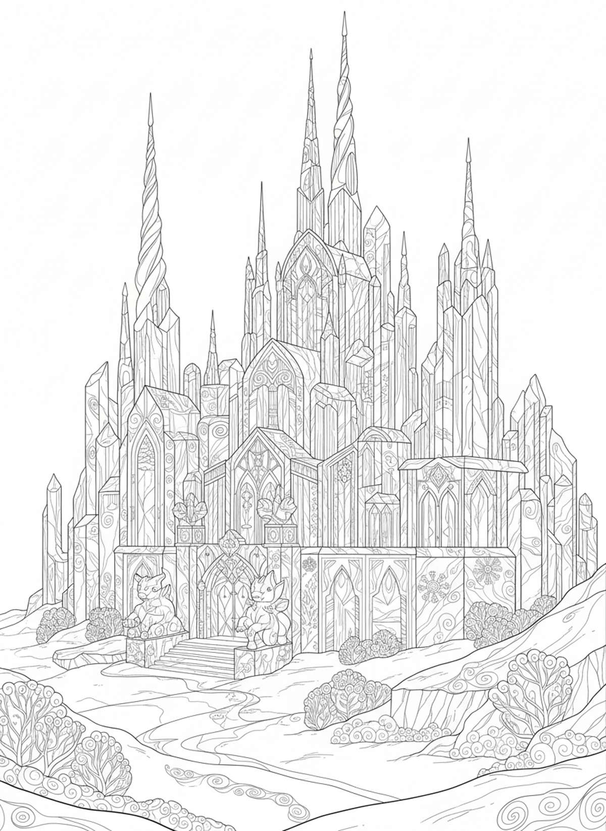 Elaborate Ice Palace Wonders Coloring Page - Winter Coloring Page
