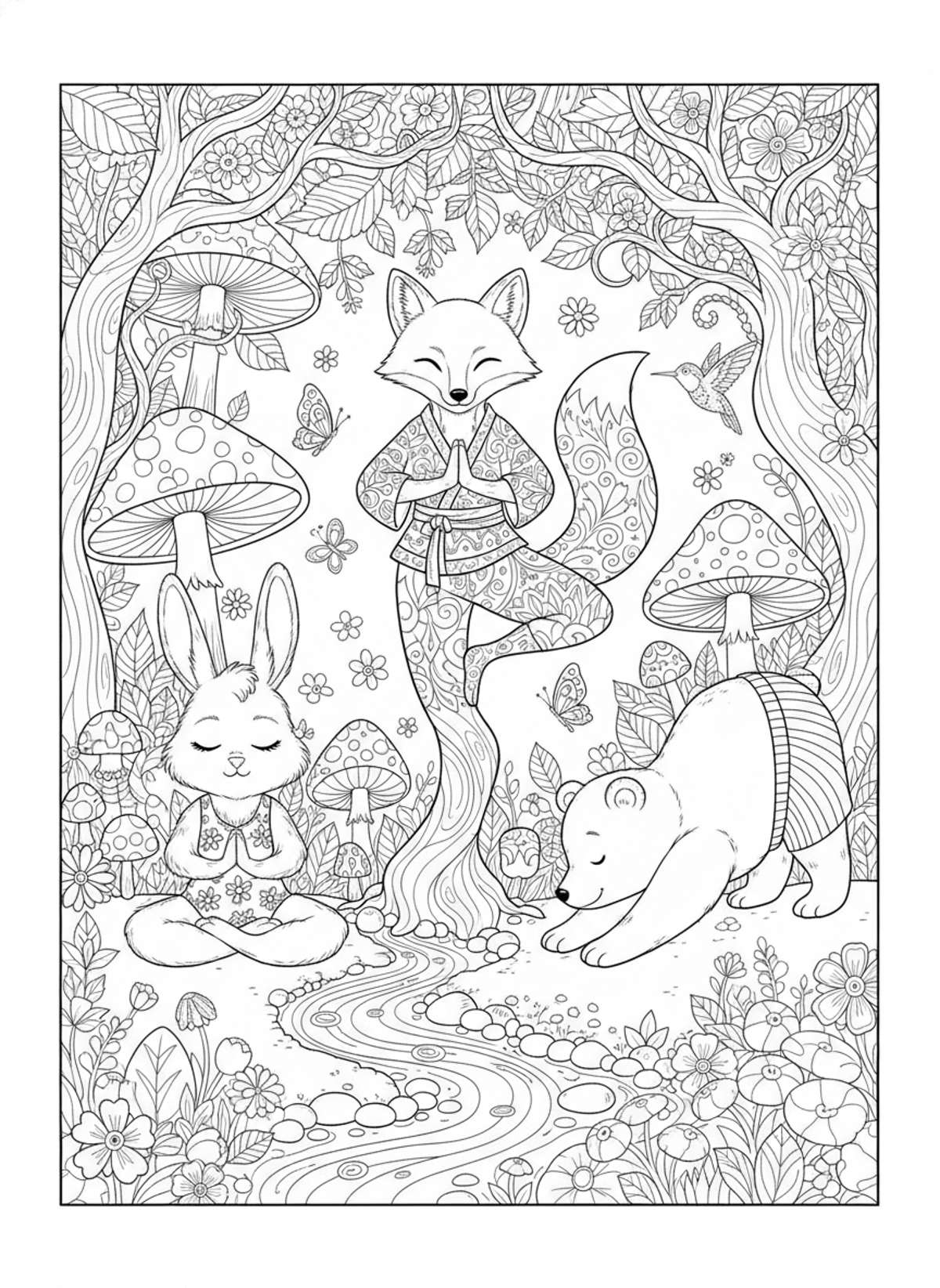 Enchanted Forest Yoga: Detailed Animal Friends Coloring Page for Kids - Friends Coloring Page
