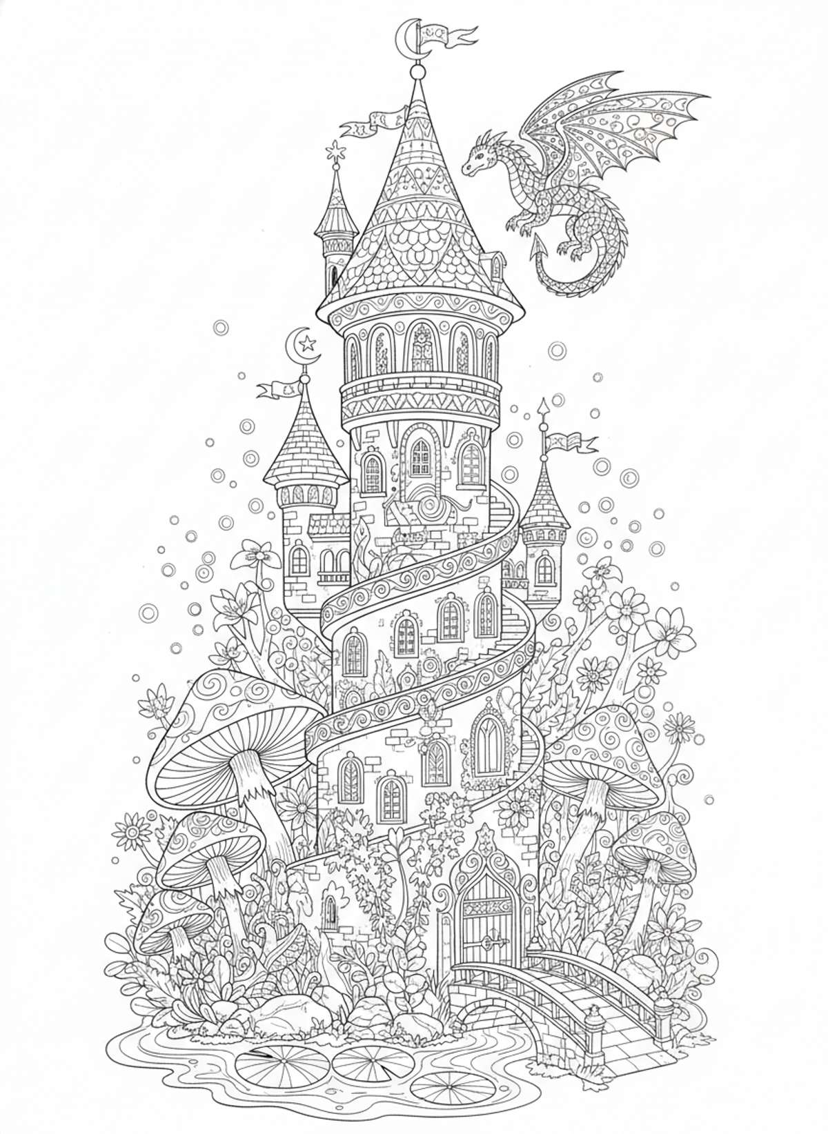 Enchanted Wizard Tower & Dragon Fantasy Coloring Page