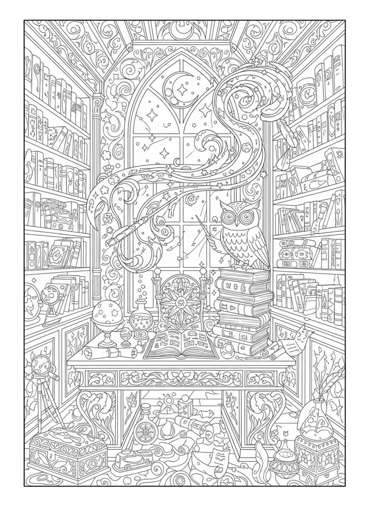 Enchanted Wizard's Library Coloring Page: A Magical Adventure Awaits!