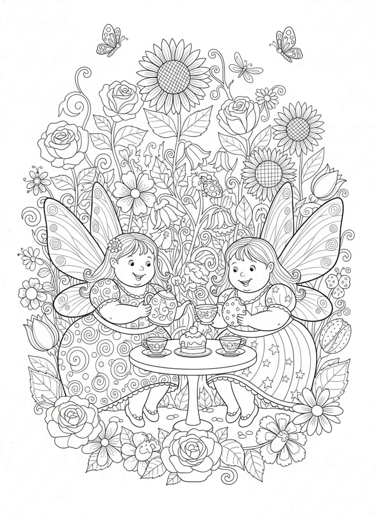 Fairy Tea Party in a Magical Flower Garden Coloring Page for Kids - Fairy Coloring Page