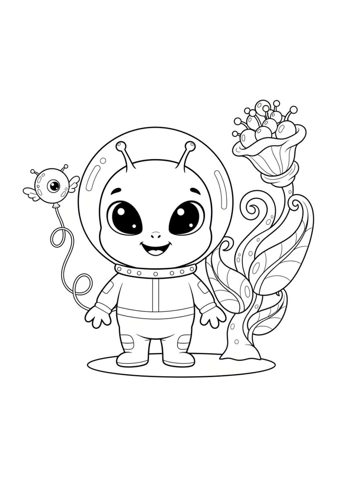Friendly Alien & Whimsical Plant Kids' Coloring Page